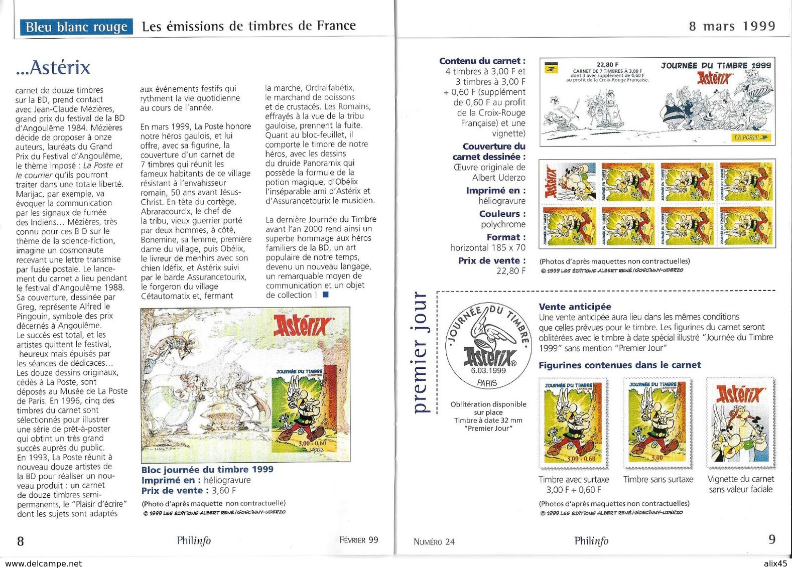 3225 - JOURNEE DU TIMBRE 1999 - ASTÉRIX - Phil Info De Février 1999 - 8 Pages Sur Astérix - Documents Of Postal Services