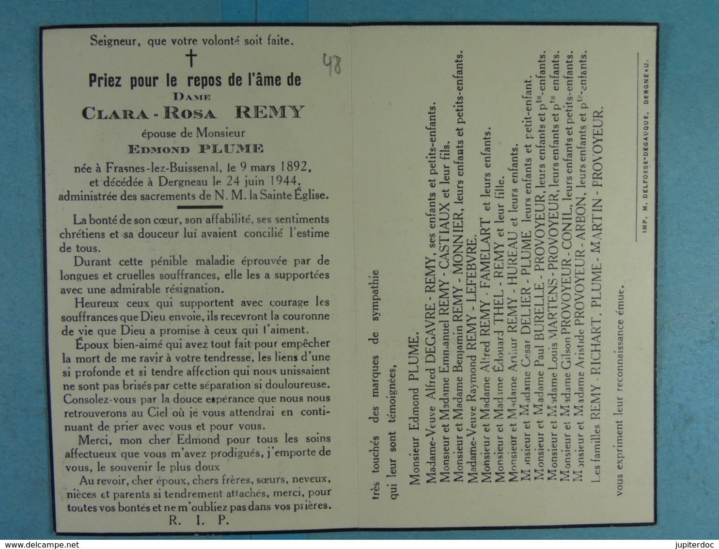 Clara Remy épse Plume Frasnes-lez-Buissenal 1892 Dergneau 1944 /48/ - Images Religieuses