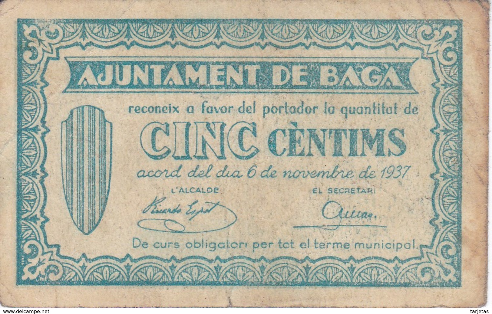 BILLETE DE 5 CENTIMOS DEL AJUNTAMENT DE BAGA DEL AÑO 1937   (BANKNOTE) - Otros & Sin Clasificación