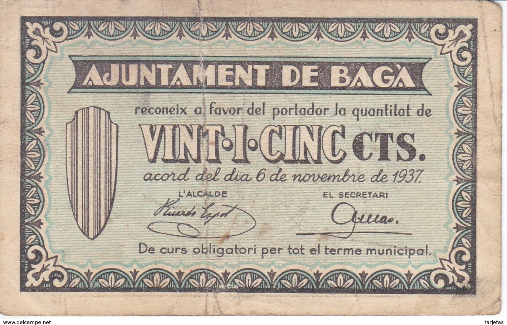 BILLETE DE 25 CENTIMOS DEL AJUNTAMENT DE BAGA DEL AÑO 1937   (BANKNOTE) - Otros & Sin Clasificación