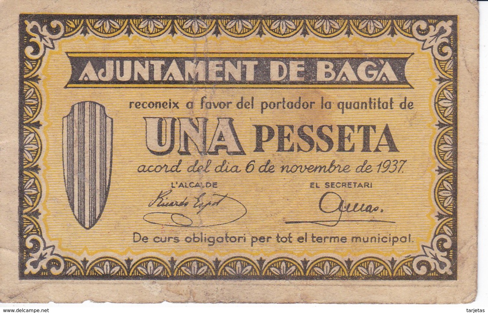 BILLETE DE 1 PESETA DEL AJUNTAMENT DE BAGA DEL AÑO 1937   (BANKNOTE) - Altri & Non Classificati