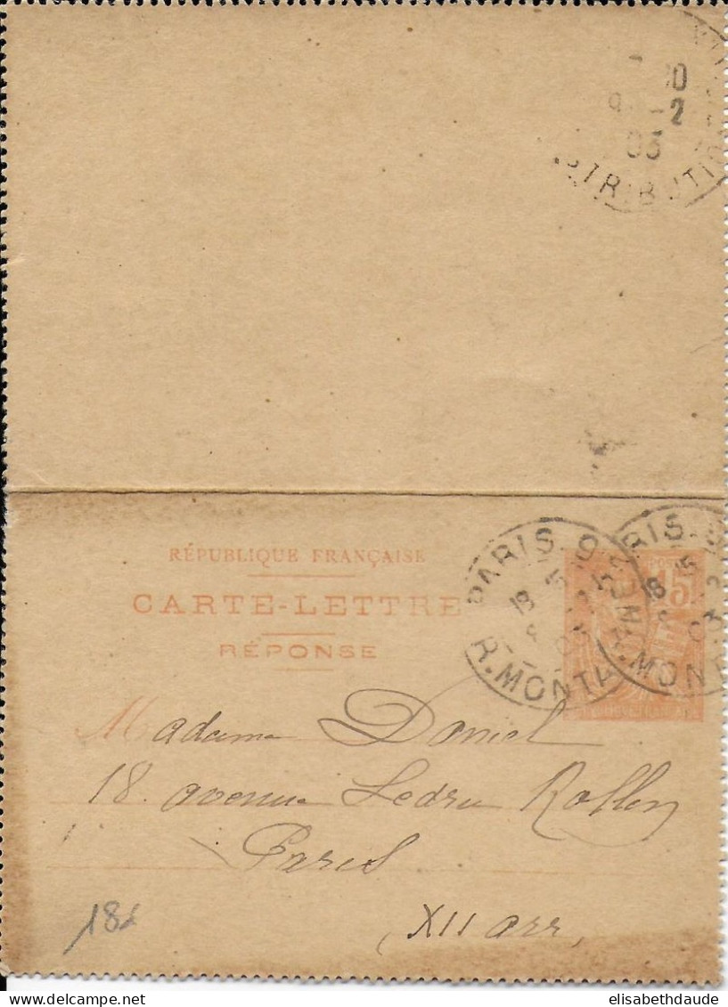 1903 - CARTE-LETTRE ENTIER MOUCHON PARTIE REPONSE De PARIS => PARIS - Letter Cards