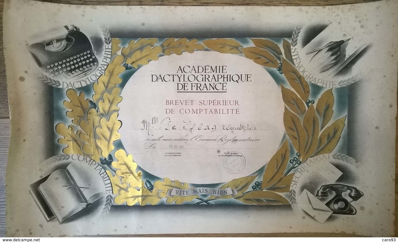 Brevet Supérieur De Comptabilité Académie Dactylographique De France 1960 - Diplômes & Bulletins Scolaires