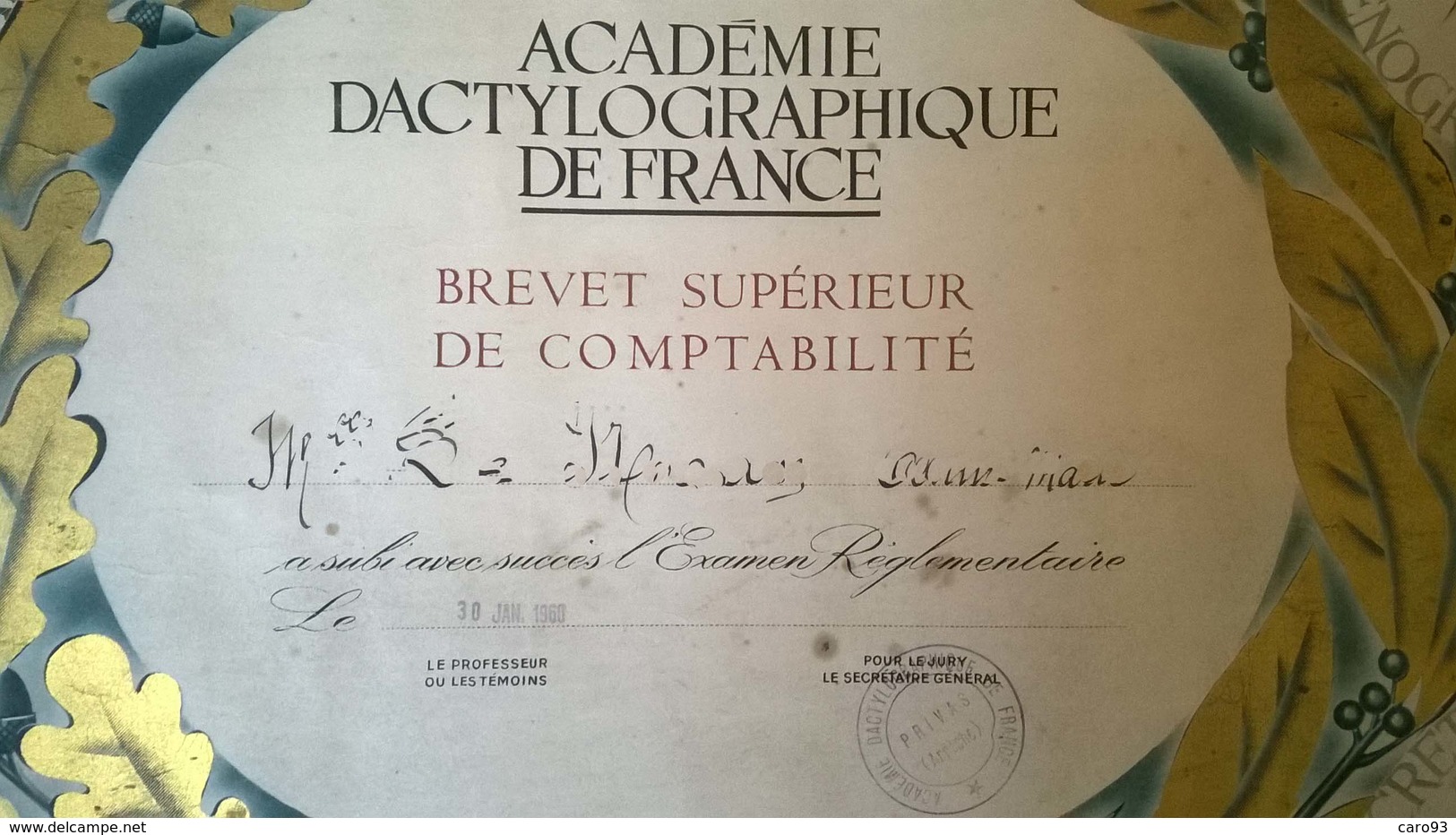 Brevet Supérieur De Comptabilité Académie Dactylographique De France 1960 - Diplômes & Bulletins Scolaires