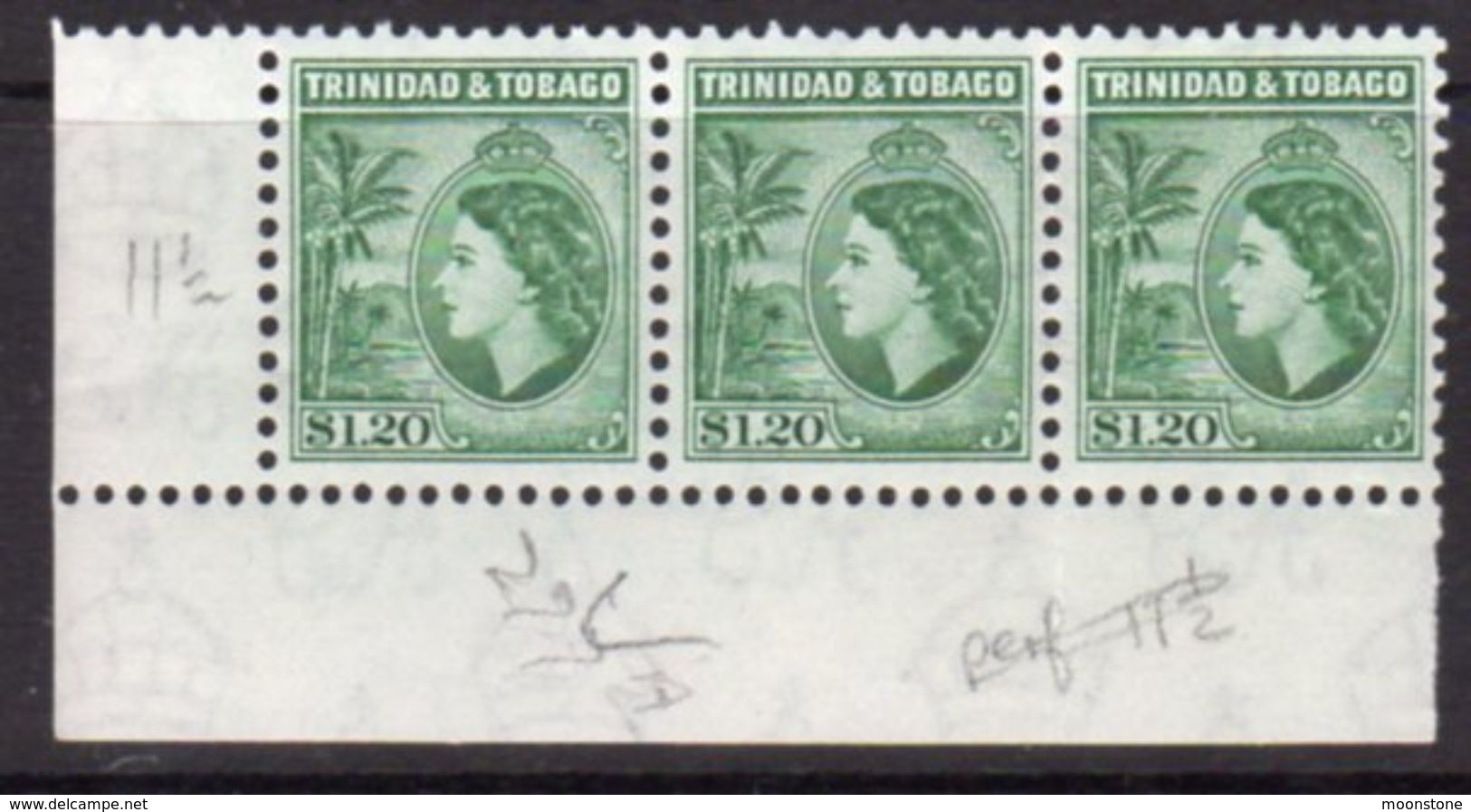 Trinidad And Tobago 1953-9 $1.20 Definitive Marginal Strip Of 3, Perf. 11½, MNH, SG 277a - Trinidad & Tobago (...-1961)