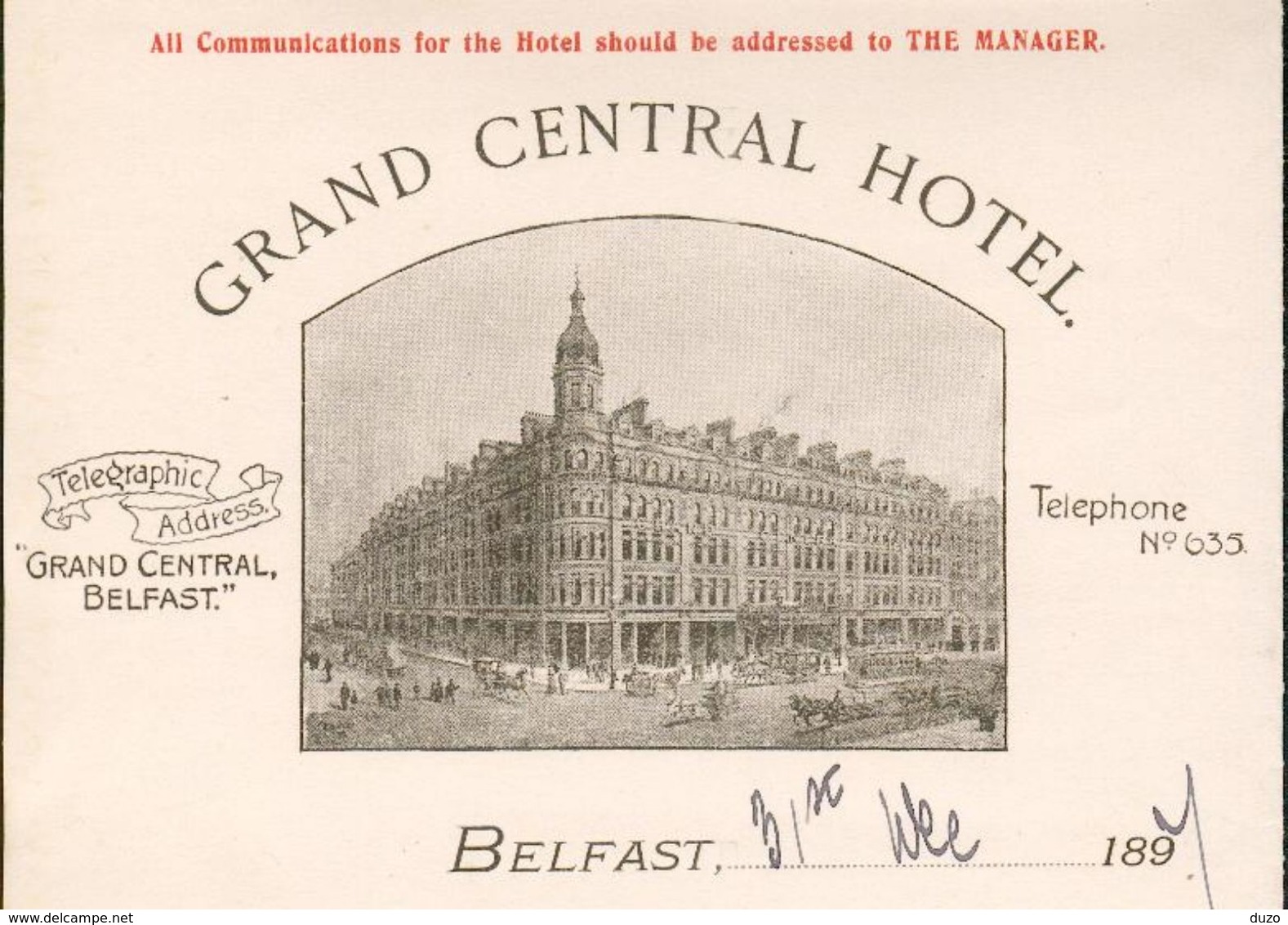 Irlande - Royaume-Uni - Belfast - Belle Lettre Illustrée Du 31 Décembre 1897 - Grand Central Hôtel . - Royaume-Uni