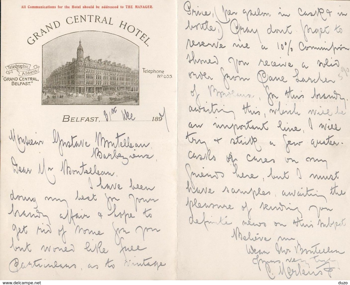 Irlande - Royaume-Uni - Belfast - Belle Lettre Illustrée Du 31 Décembre 1897 - Grand Central Hôtel . - Royaume-Uni