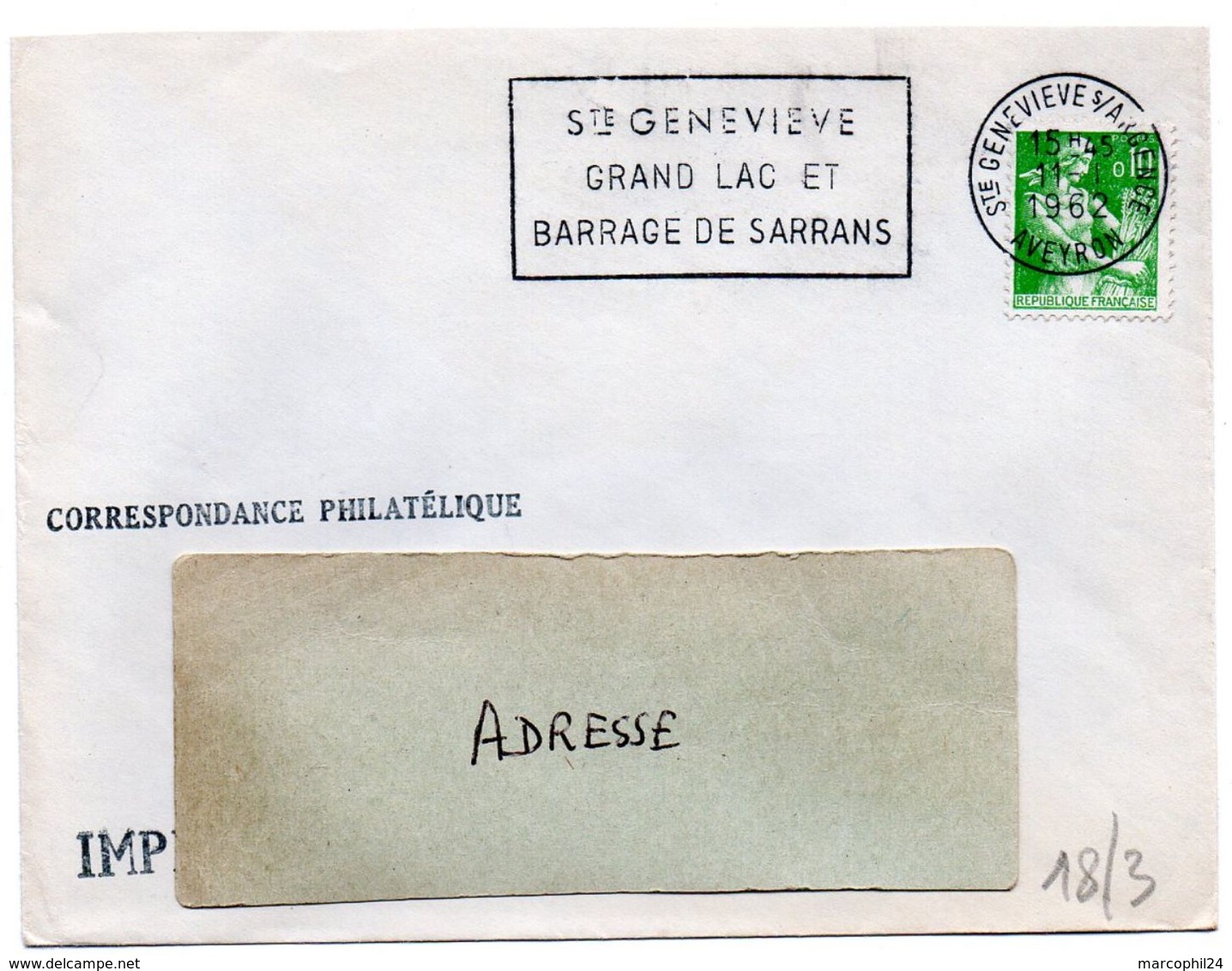 AVEYRON - Dépt N° 12 = Ste GENEVIEVE S/ ARGENCE 1962 = FLAMME Non Codée = SECAP ' GRAND LAC / BARRAGE SARRANS ' - Oblitérations Mécaniques (flammes)