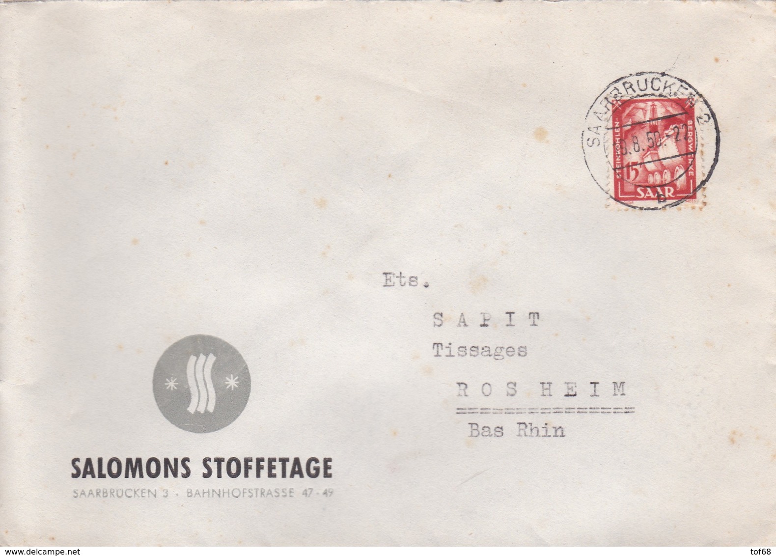 Sarre Saar Saarbrücken Brief 1950 Lettre à Entête Salomons Stoffetage - Storia Postale