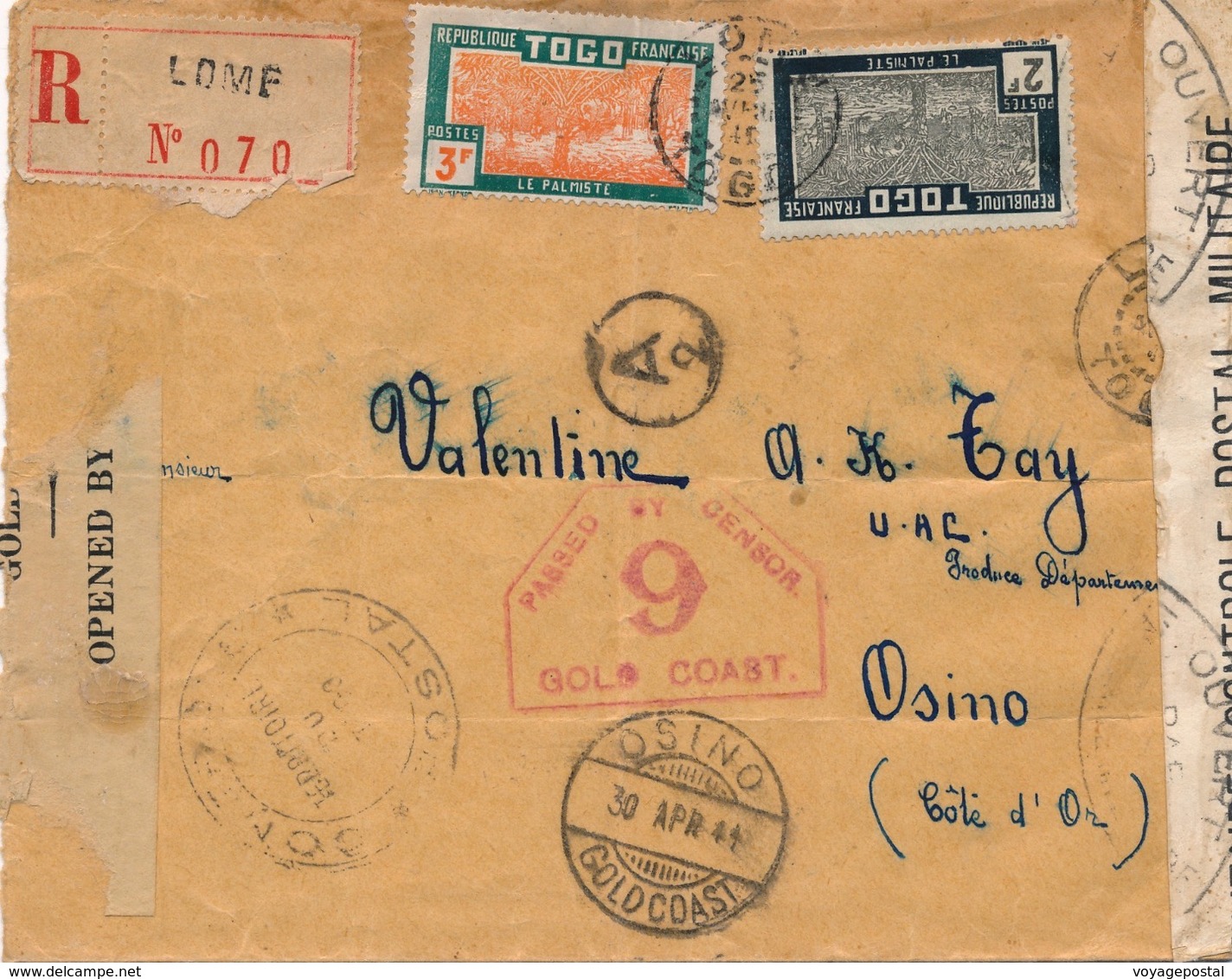 Lettre Recommandé Lome Togo Via Osino Gold Coast Contrôle Postal - Covers & Documents