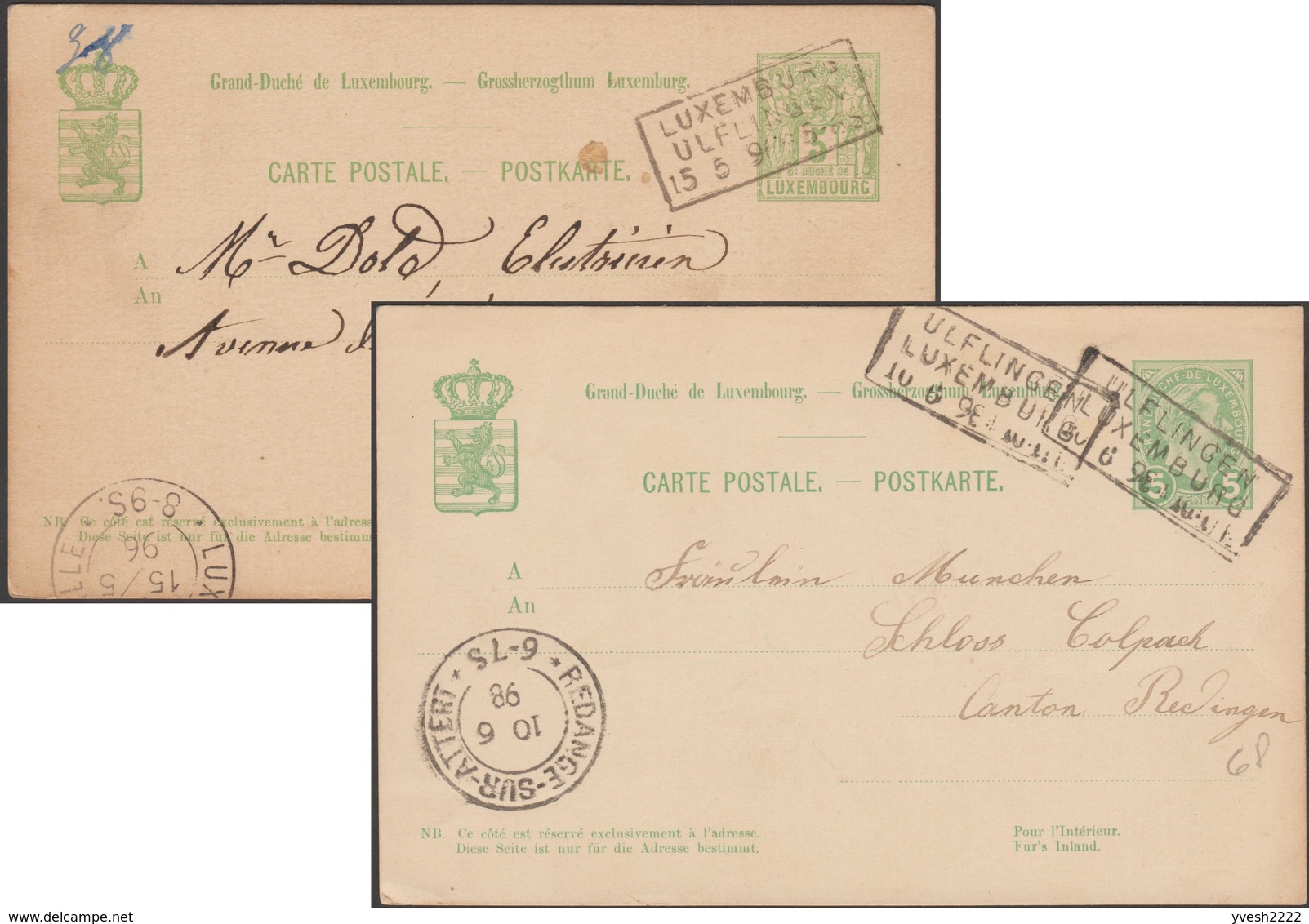 Luxembourg 1896-1898. 2 Entiers Postaux, Ambulant, Bahnpost Luxembourg-Ulflingen, Ou Troisvierges Et Retour - Maschinenstempel (EMA)