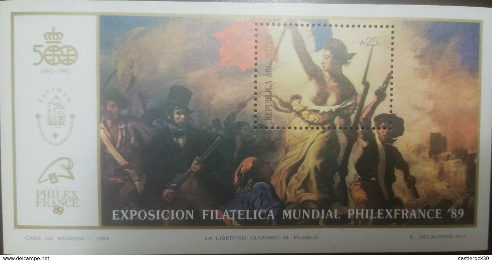 O) 1989 ARGENTINA, PHILEX FRANCE WORLD PHILATELIC EXHIBITION, PAINTING FREEDOM GUIDING THE PEOPLE -EUGENE DELACROIX-ROMA - Unused Stamps