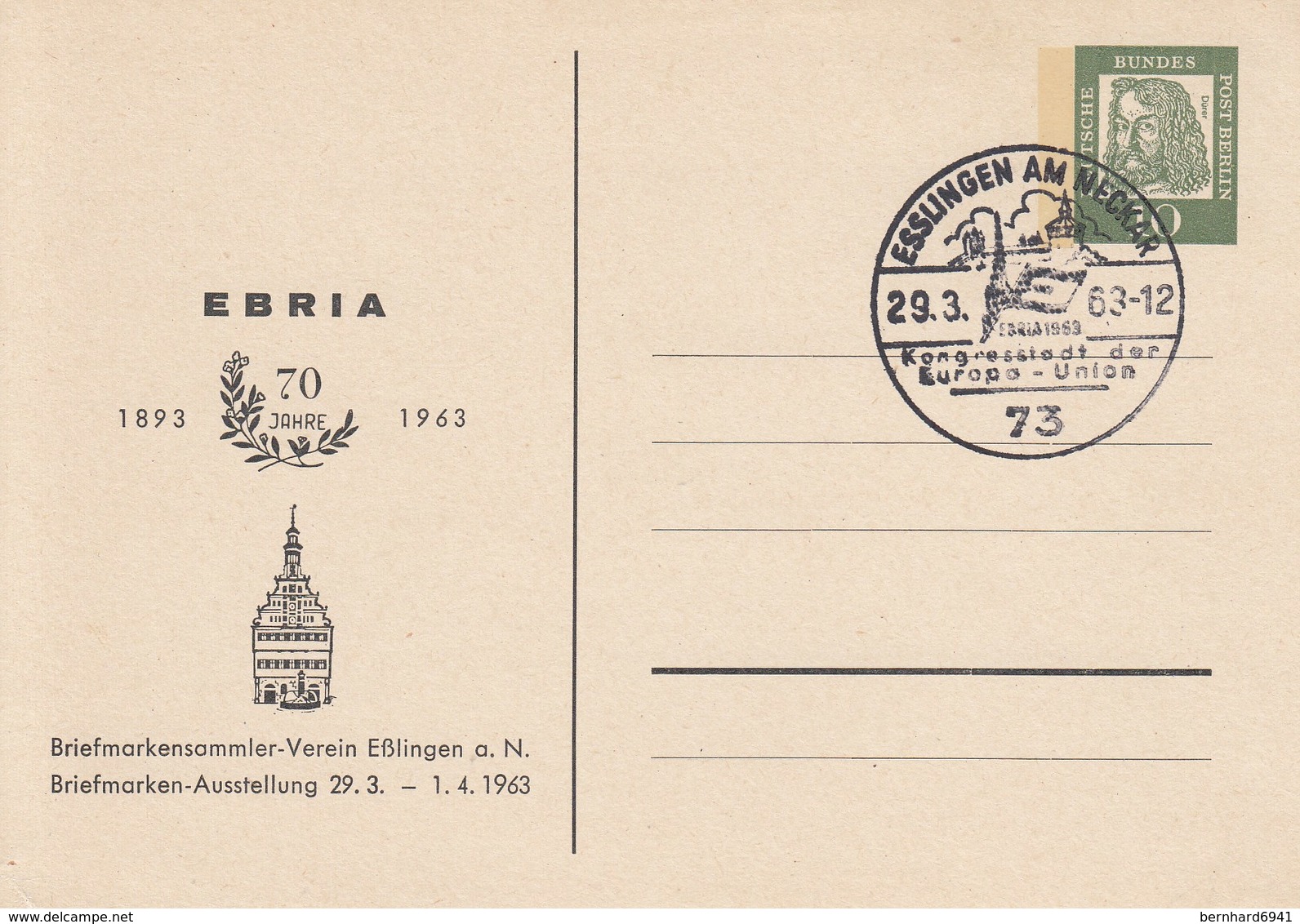 B PP 30/10b  ERBIA 70 Jahre 1893 - 1963 - Briefmarkensammler-Verein Eßlingen A.N. Briefmarken-Ausstellung 1963, Esllinge - Postales Privados - Usados