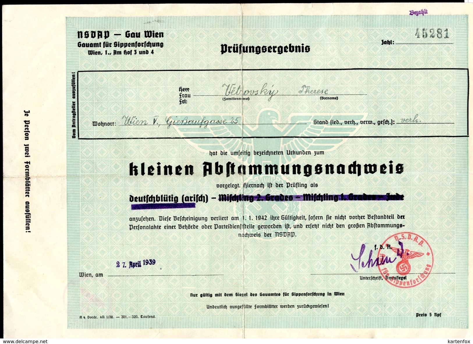 NSDAP Gau Wien, Abstammungsnachweis, 27.4.1939, Ariernachweis, Gauamt Sippenforschung, Austerlitz - 1939-45