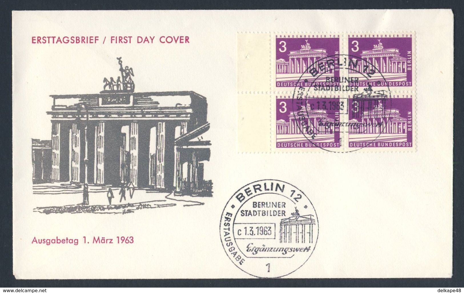 Germany Berlin 1963 FDC + Mi 231 YT 125A - Brandenburger Tor (1830) Berliner Stadtbilder - Monumenti