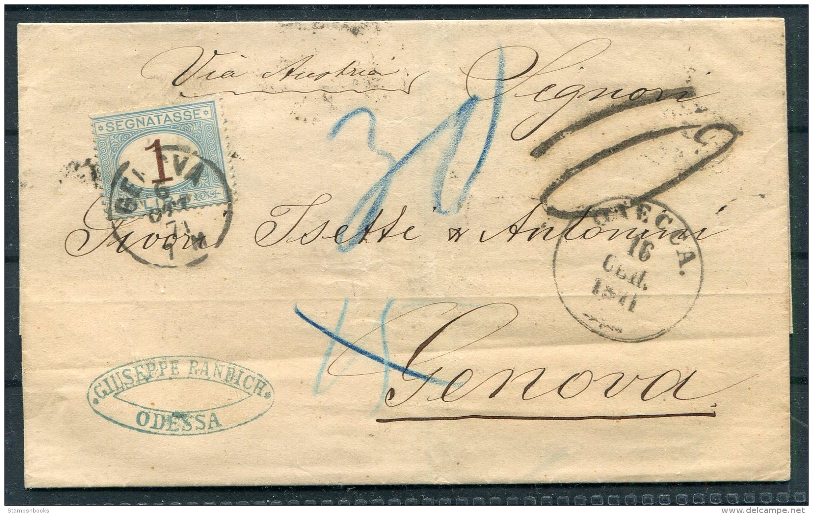 1871 Russia Entire Giuseppe Randich, Odessa - Genova Italy Via Wien Austria. Postage Due, Taxe - Briefe U. Dokumente