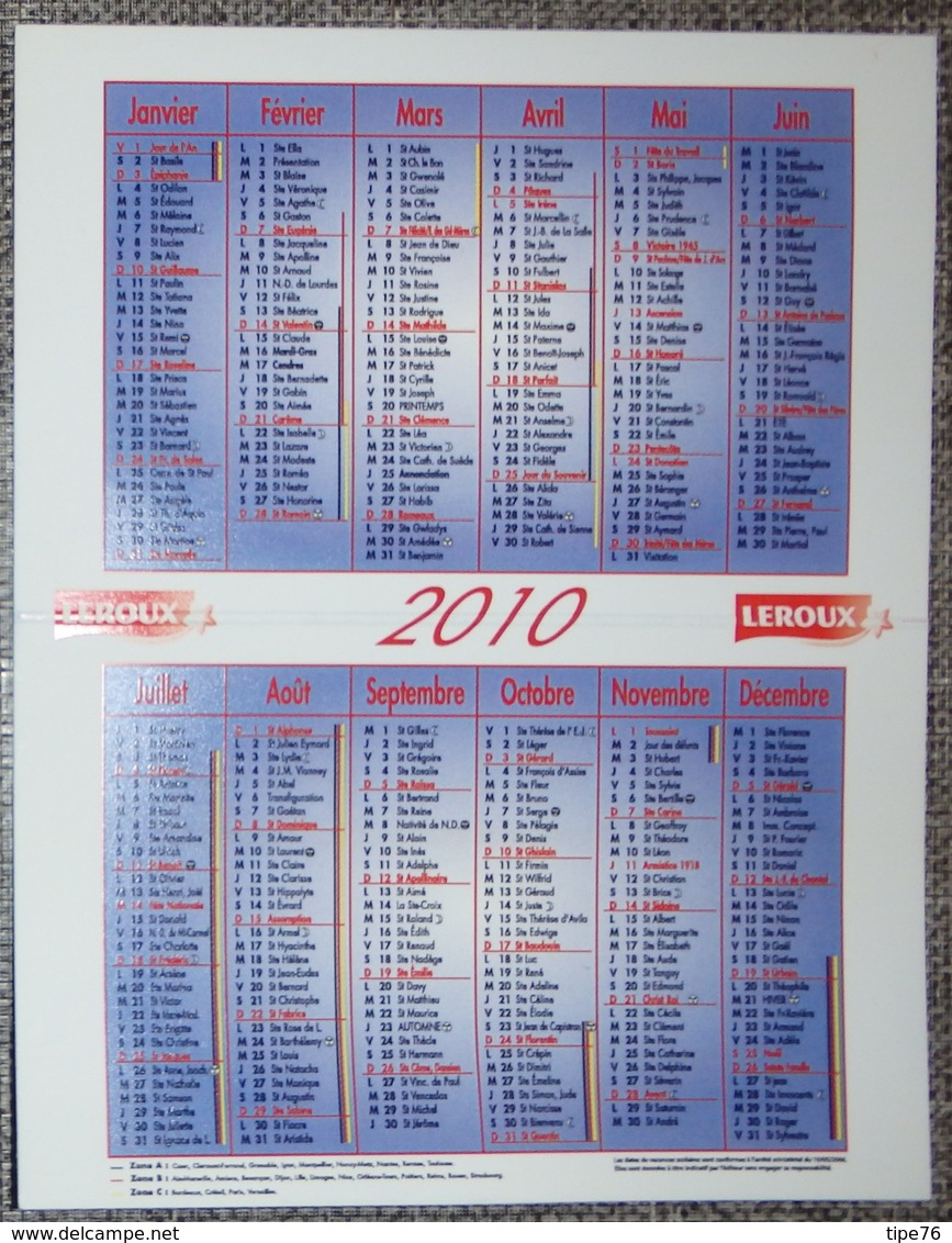 Petit Calendrier De Poche Chicorée Leroux 2010 - C'est Dans Le Nord Ue Pousse La Chicorée - Petit Format : 2001-...