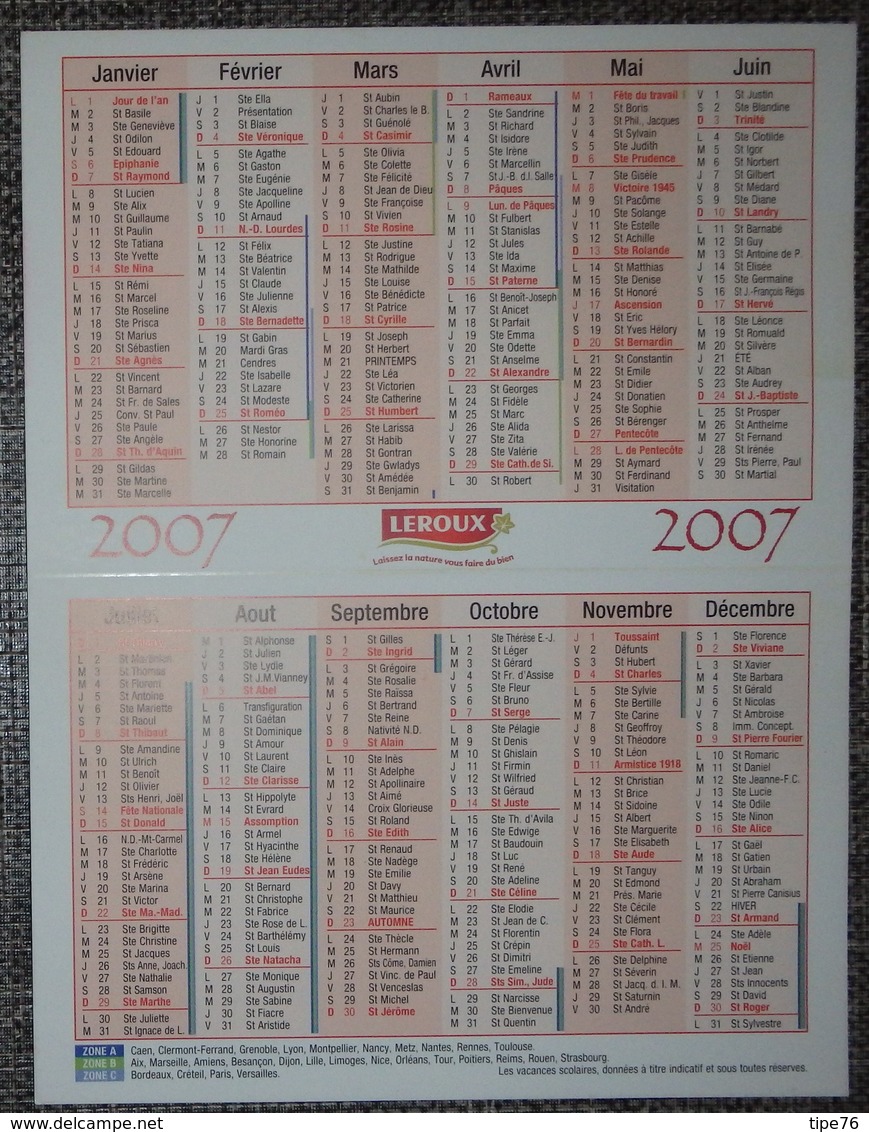 Petit Calendrier De Poche Chicorée Leroux 2007 - Petit Format : 2001-...