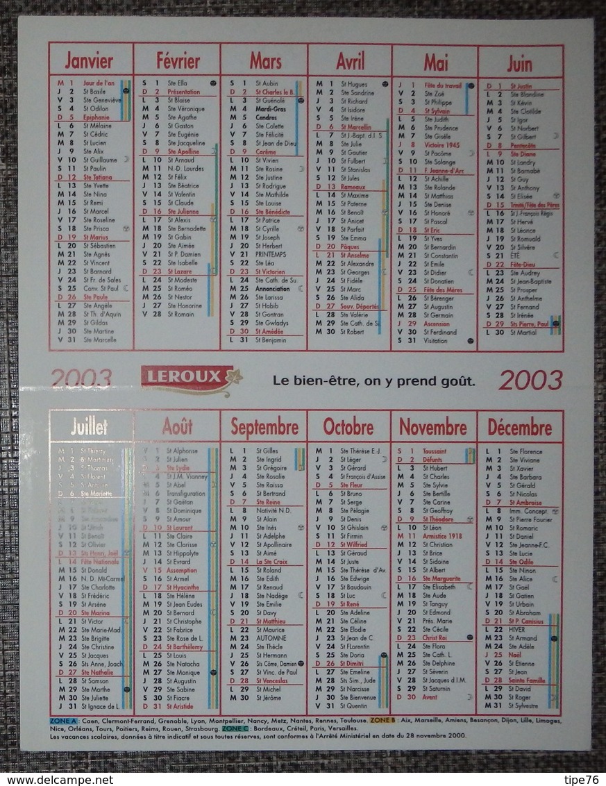 Petit Calendrier De Poche Chicorée Leroux 2003 Orchies - Petit Format : 2001-...