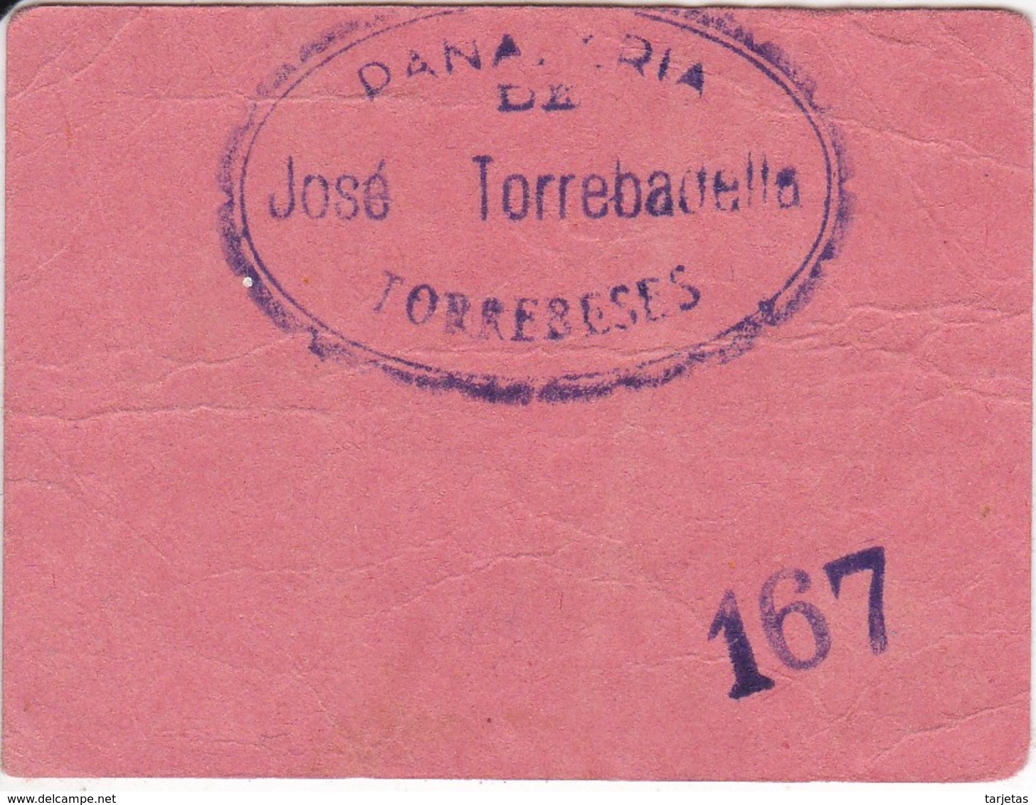 VALE POR 100 KILOS DE PAN DE LA PANADERIA JOSE TORREBADELLA DE TORREBESES (LLEIDA-LERIDA) CON SELLO Y NUMERADO - Monedas/ De Necesidad