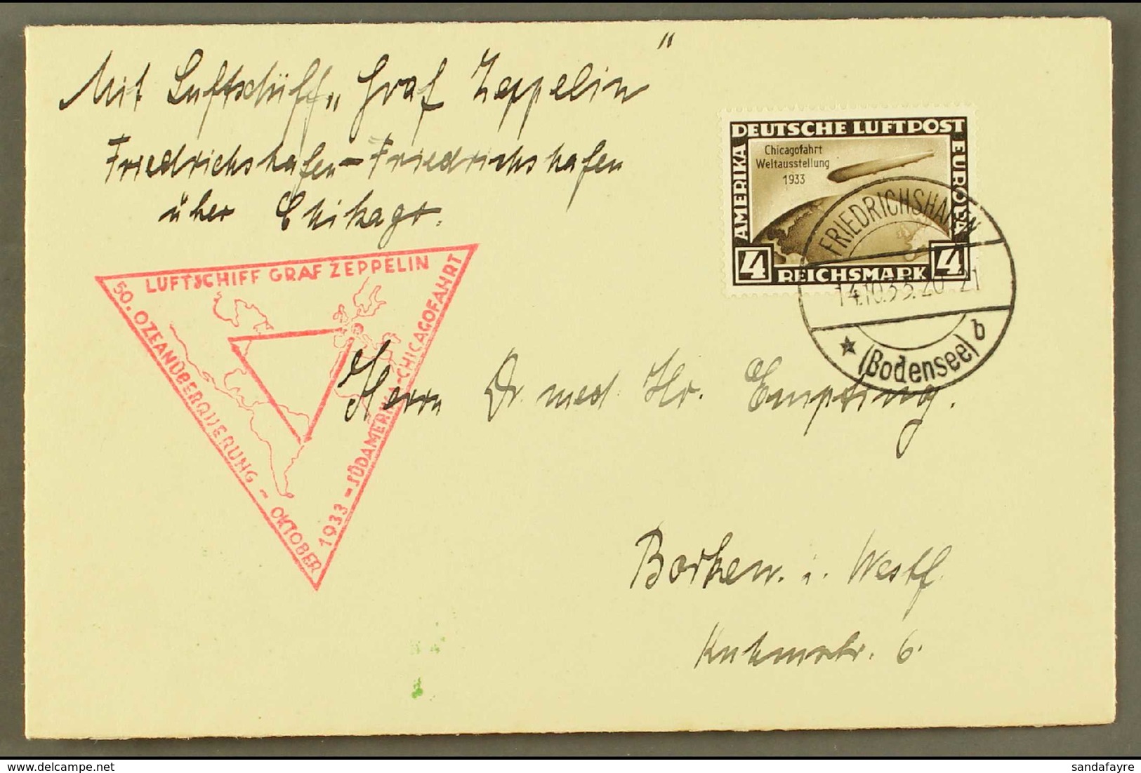 ZEPPELIN MAIL 1933 14th October Chicago Flight To The Century Of Progress Exhibition, Round Flight , Franked 4Rm Brown C - Ohne Zuordnung