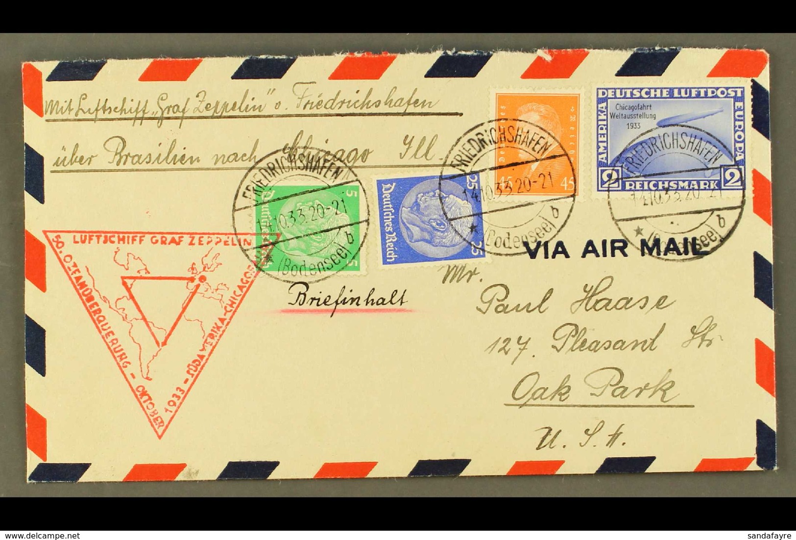 ZEPPELIN MAIL 1933 14th Oct, Europa - Recife Chicago Flight Cover Franked Chicago Flight 2Rm Blue Tied By Freidrichshafe - Zonder Classificatie