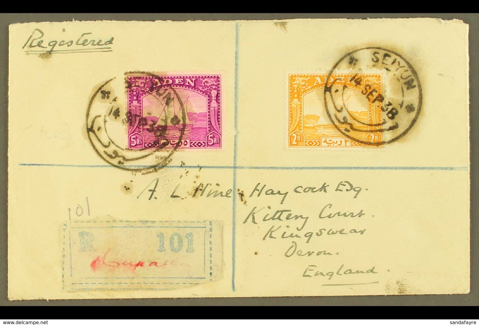 1938 REGISTERED COVER TO DEVON Franked 2r Yellow And 5r Bright Aniline Purple, SG 10 And 11a, Tied By Seiyun Bi-lingual  - Aden (1854-1963)
