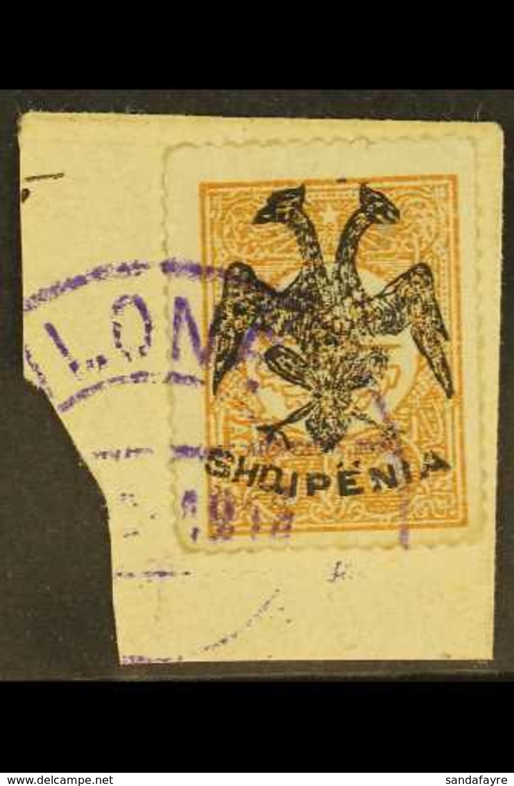 1913 5pa Yellow-buff With "Eagle" Local Handstamp (Michel 4, SG 4), Fine Used On Piece Tied By Violet "Vlone" Cds Cancel - Albania