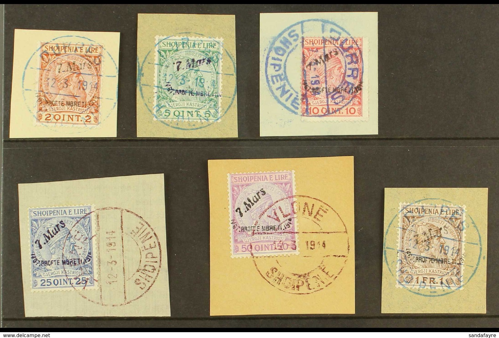 1914 "ON PIECE" SET Arrival Of Prince Handstamps Complete Set (SG 33/38, Michel 35/40), Very Fine Used On Pieces Tied By - Albania