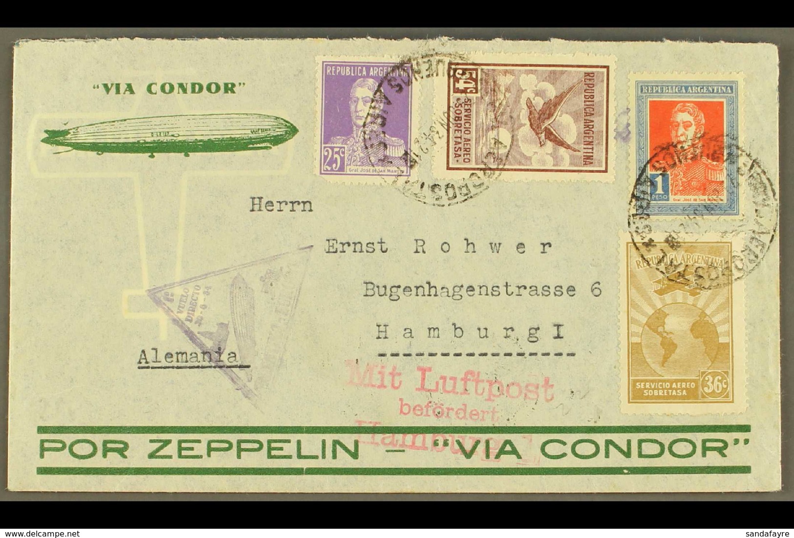 1934 1st Flight Direct Argentina - Europe 30 . 5 . 34 - Illustrated Zeppelin Condor Airletter To Germany Franked 4 Posta - Andere & Zonder Classificatie