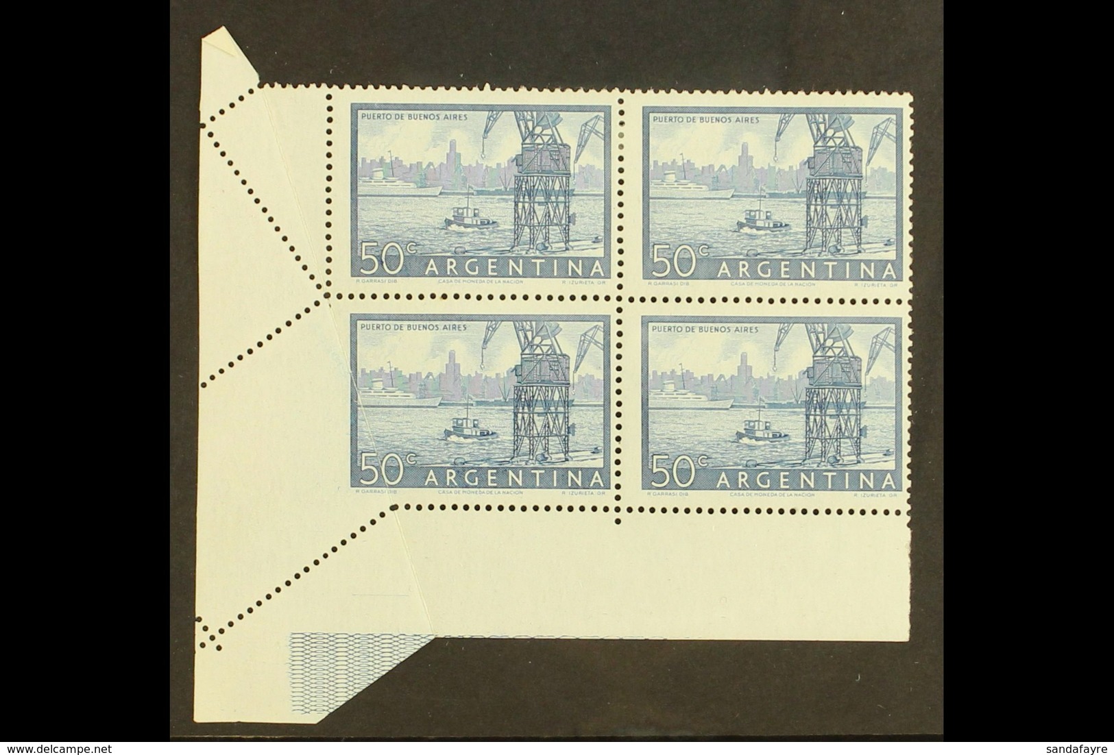 1954-59 50c Blue Buenos Aires Harbour Recess (Scott 632, SG 868), Fine Mint Corner BLOCK Of 4 Showing A Dramatic PERFORA - Other & Unclassified