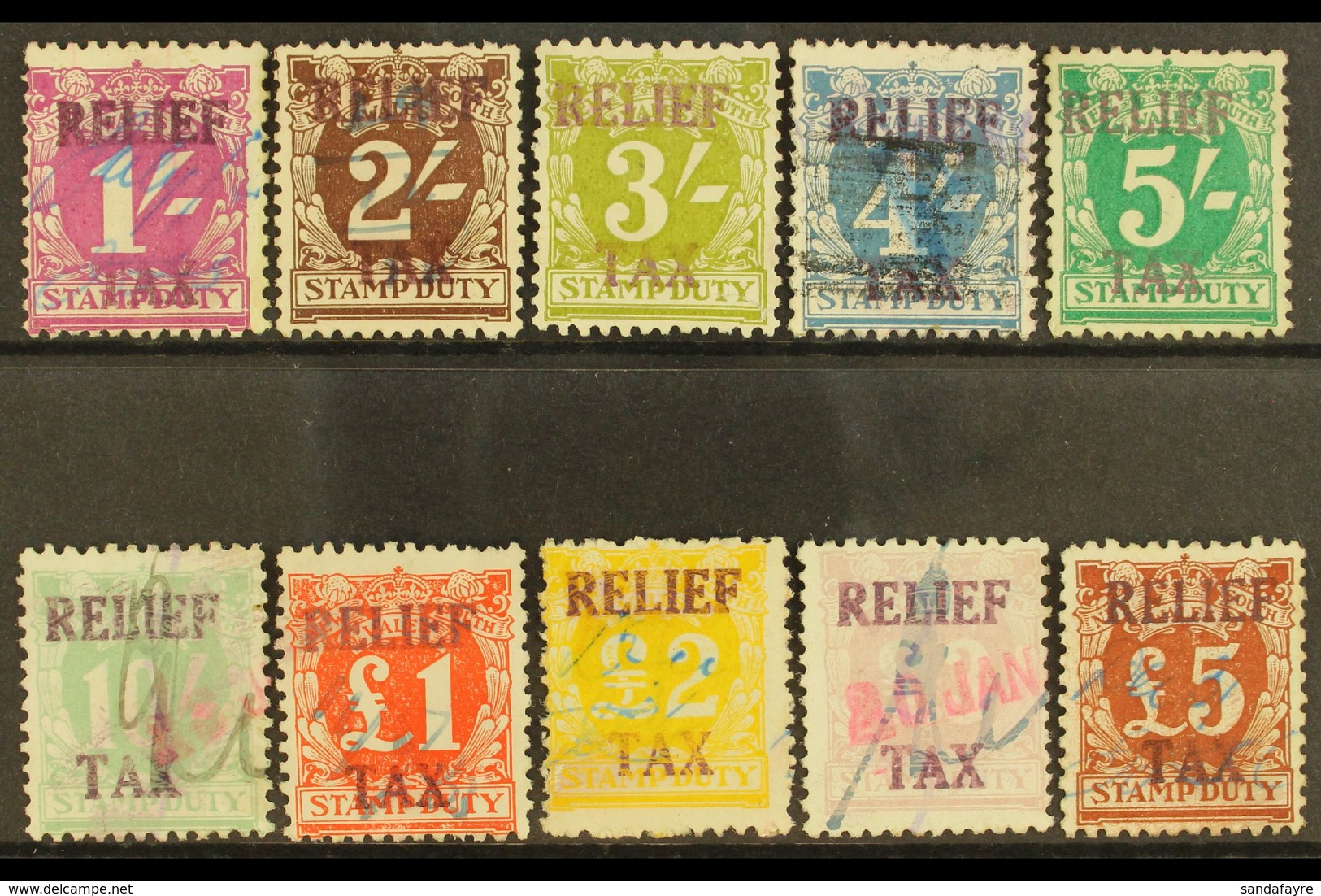 NEW SOUTH WALES REVENUE STAMPS Circa 1930 Relief Tax Purple Overprint Complete Set, Barefoot 5B/17B, Fine Used. (10 Stam - Andere & Zonder Classificatie