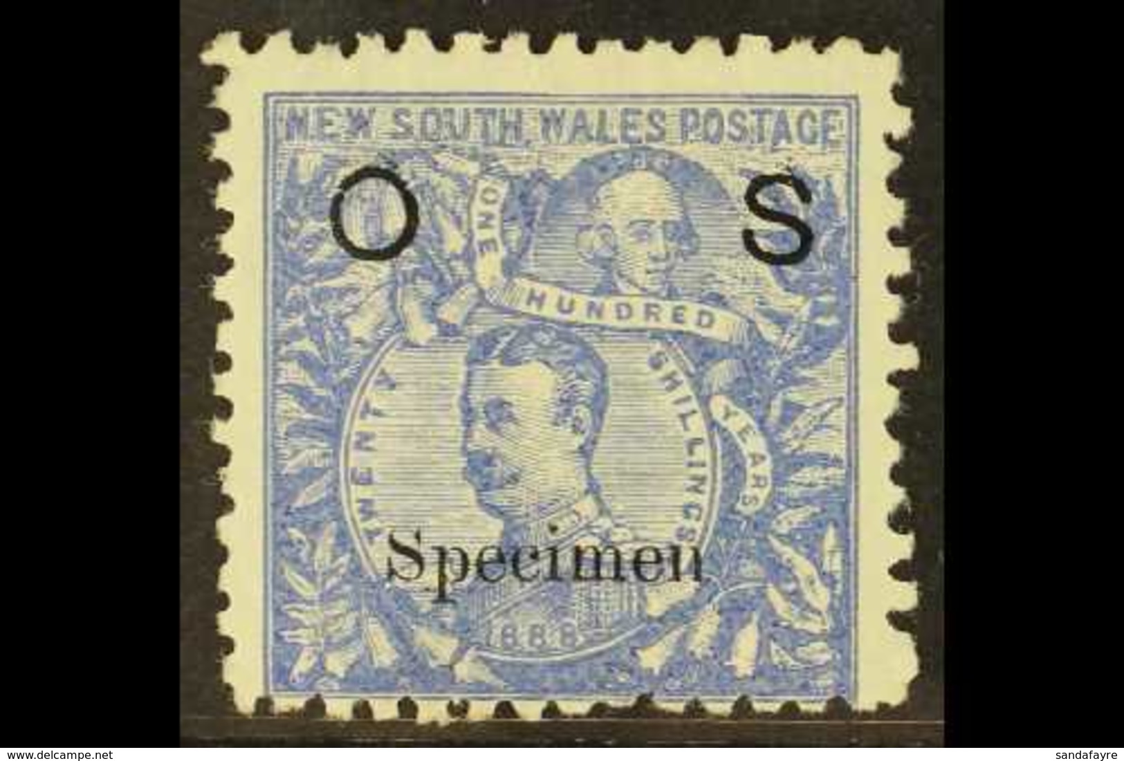 NEW SOUTH WALES OFFICIAL 1890-91 20s Cobalt-blue Capt. Philip And Lord Carrington With "O S" And "Specimen" Overprints,  - Andere & Zonder Classificatie