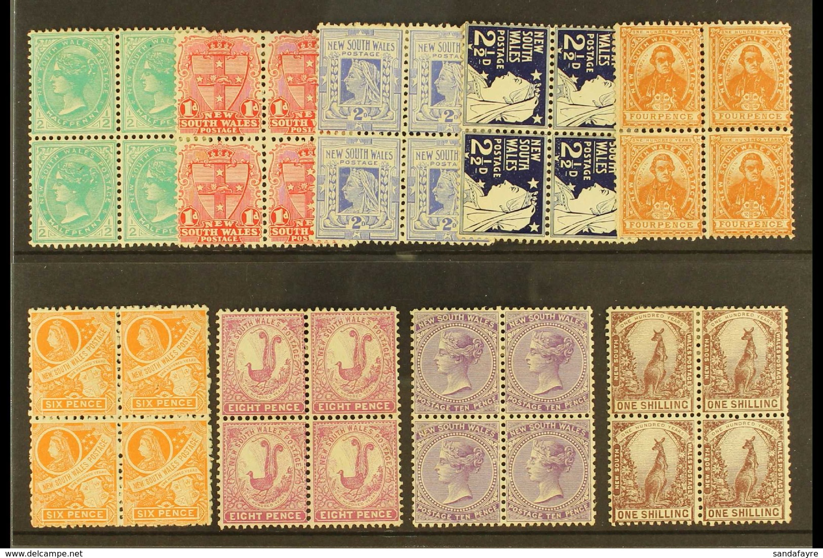 NEW SOUTH WALES 1905-10 Complete Basic Set To 1s, SG 333-48, Mint BLOCKS Of 4, 1d With One Stamp Thinned, Some With Yell - Sonstige & Ohne Zuordnung