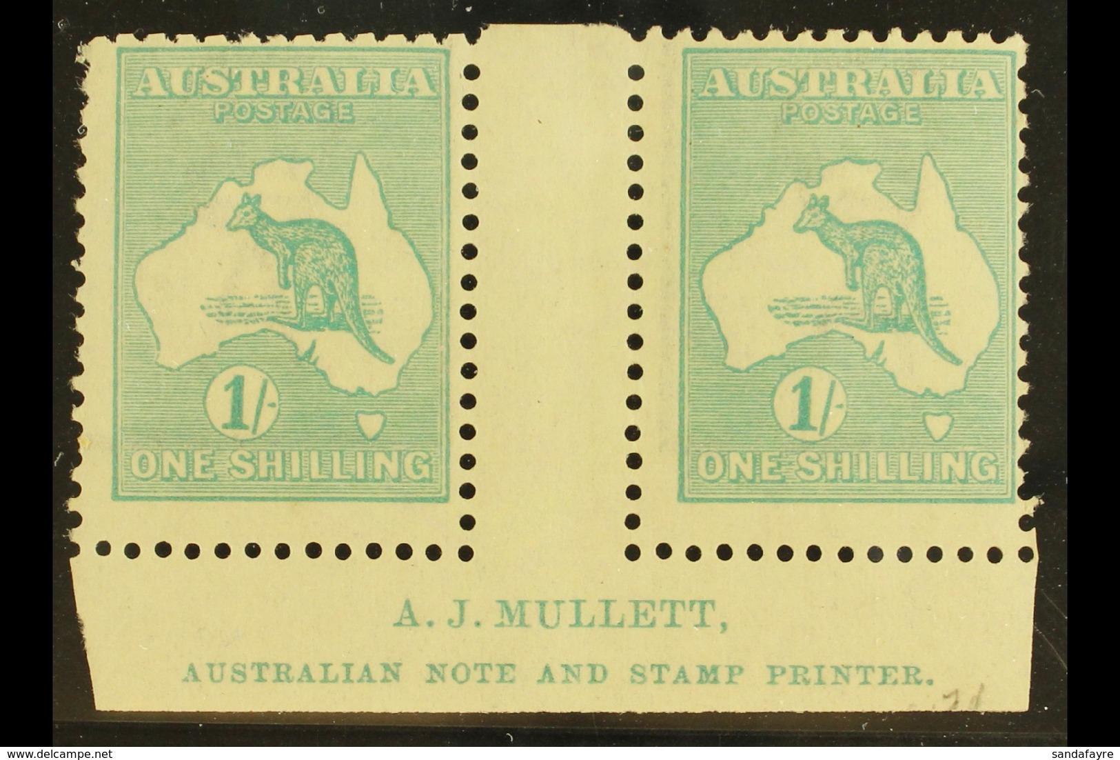 1915-27 1s Blue-green 'Roo, Die IIB, SG 40b, Lower Marginal Gutter Pair With "A.J. MULLETT" Inscription, Never Hinged Mi - Other & Unclassified