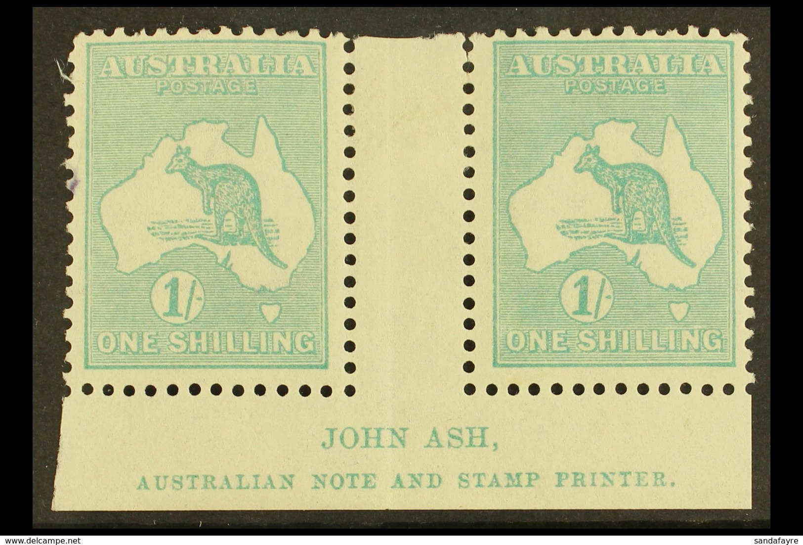 1915-27 1s Blue-green, SG 40, JOHN ASH Imprint Gutter Pair, Mint, Tiny Ink Spot At Left. For More Images, Please Visit H - Andere & Zonder Classificatie