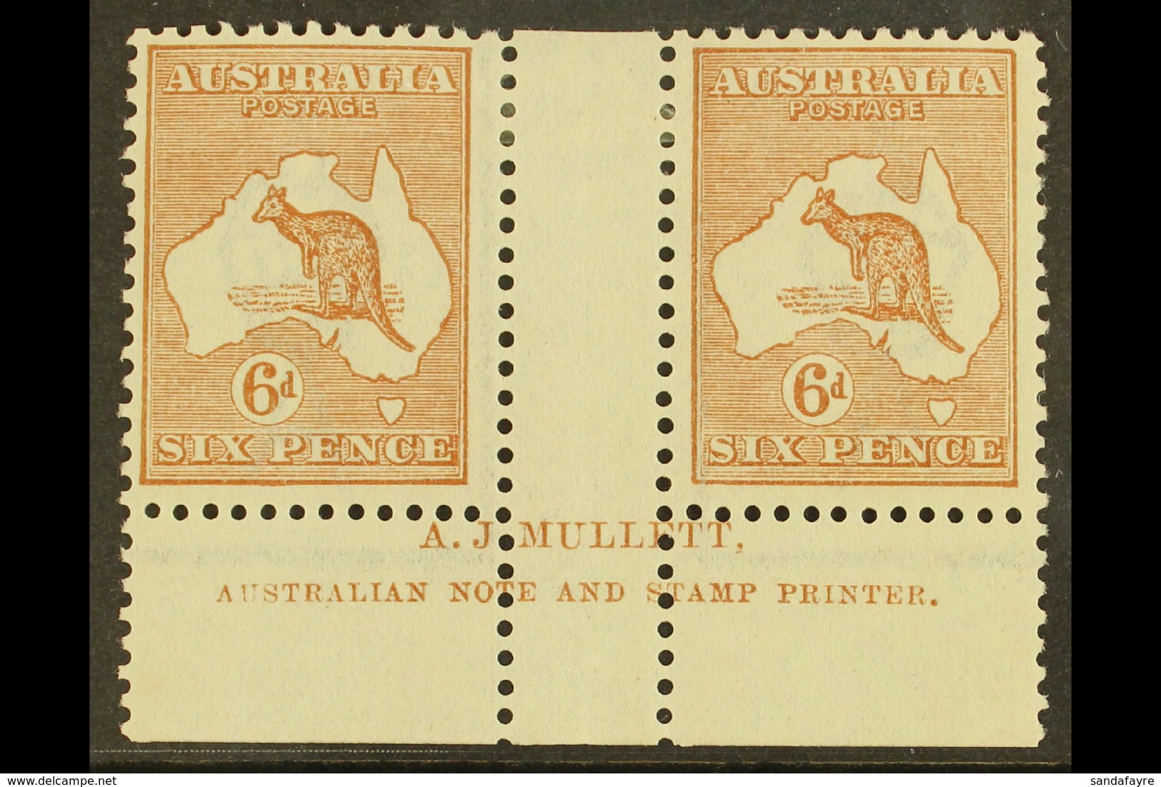 1923-24 6d Chestnut Kangaroo, SG 73, MULLETT Imprint Gutter Pair From Plate 4, BW Spec 21zc, Very Fine Mint. For More Im - Sonstige & Ohne Zuordnung