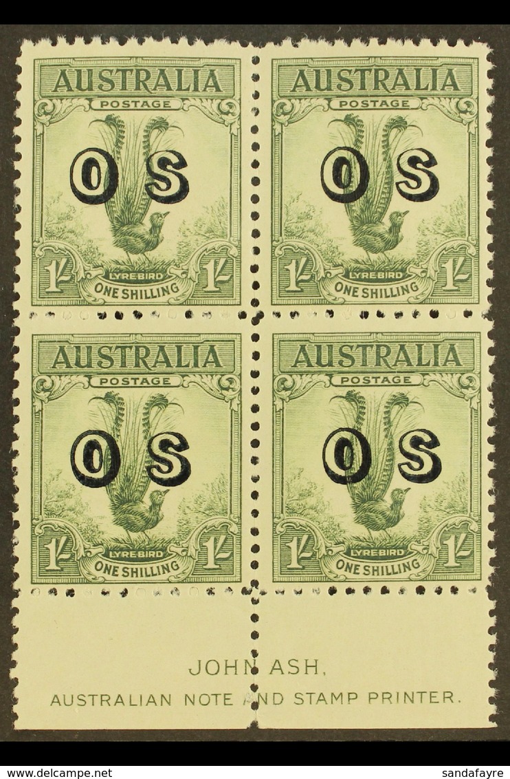 OFFICIAL 1932 1s Green, Lyrebird, "O S" Overprint In JOHN ASH Imprint Block Of 4, SG O136, Fine Mint, Hinged On Top Pair - Other & Unclassified