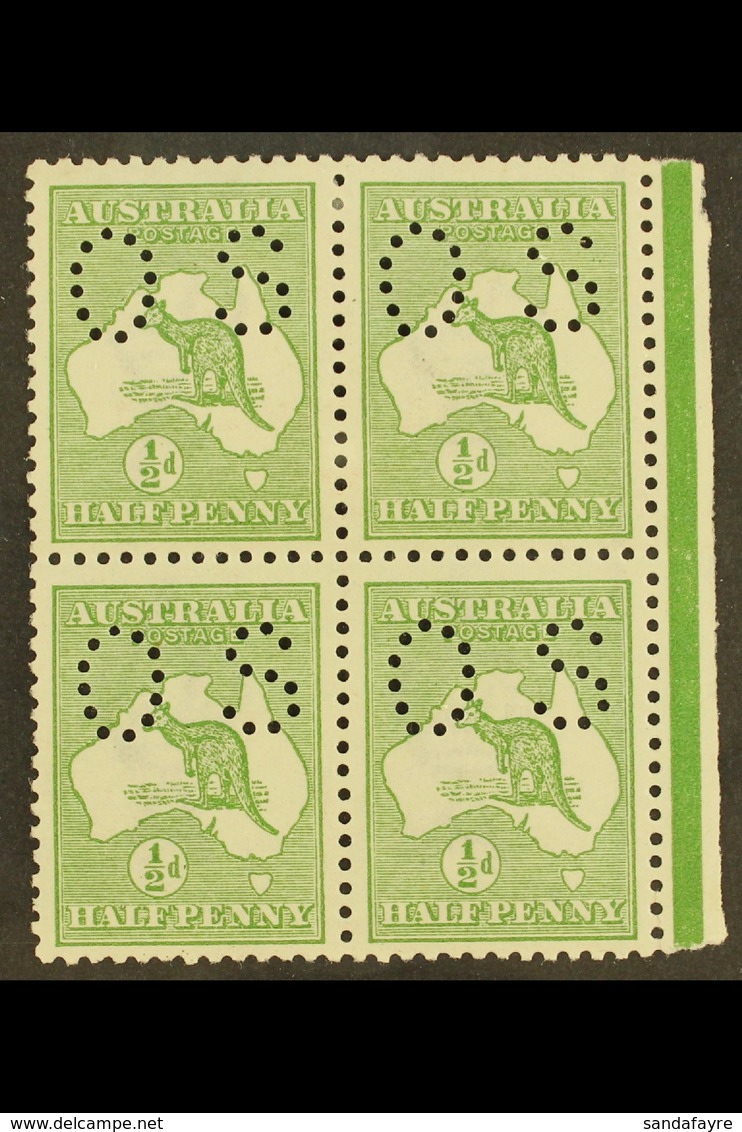 OFFICIALS 1913 ½d Green, Punctured "O S" (smaller Letters, SG Type O2), Right Marginal Block Of 4, SG O16, Fine Mint, Hi - Sonstige & Ohne Zuordnung