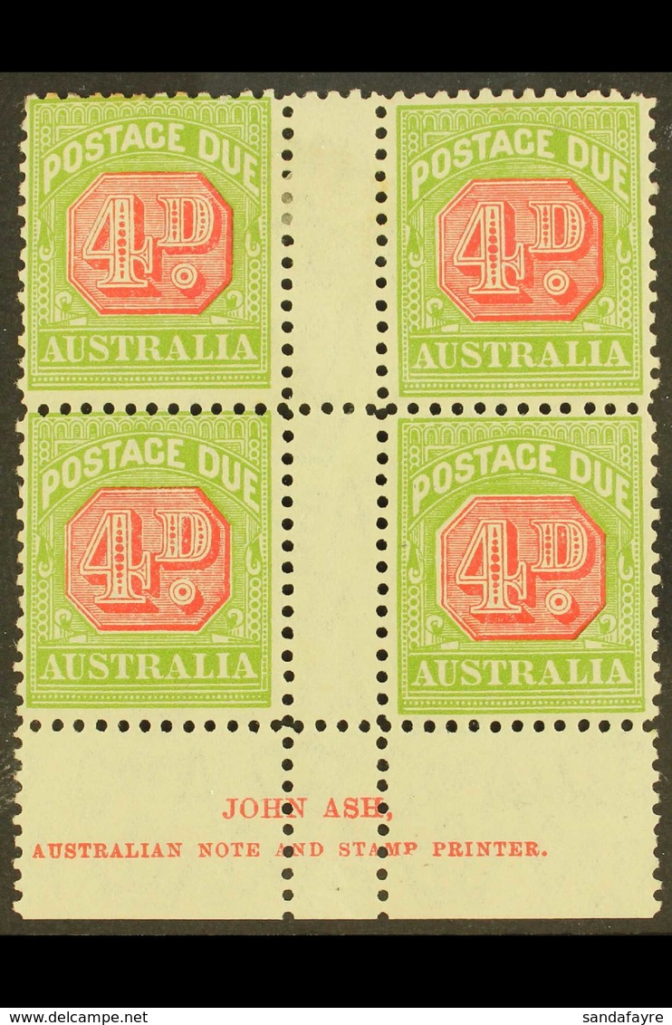 POSTAGE DUE 1931-36 4d Carmine And Yellow-green, Perf 11, SG D109, JOHN ASH Imprint Block Of Four, Mint (4 Stamps) For M - Sonstige & Ohne Zuordnung