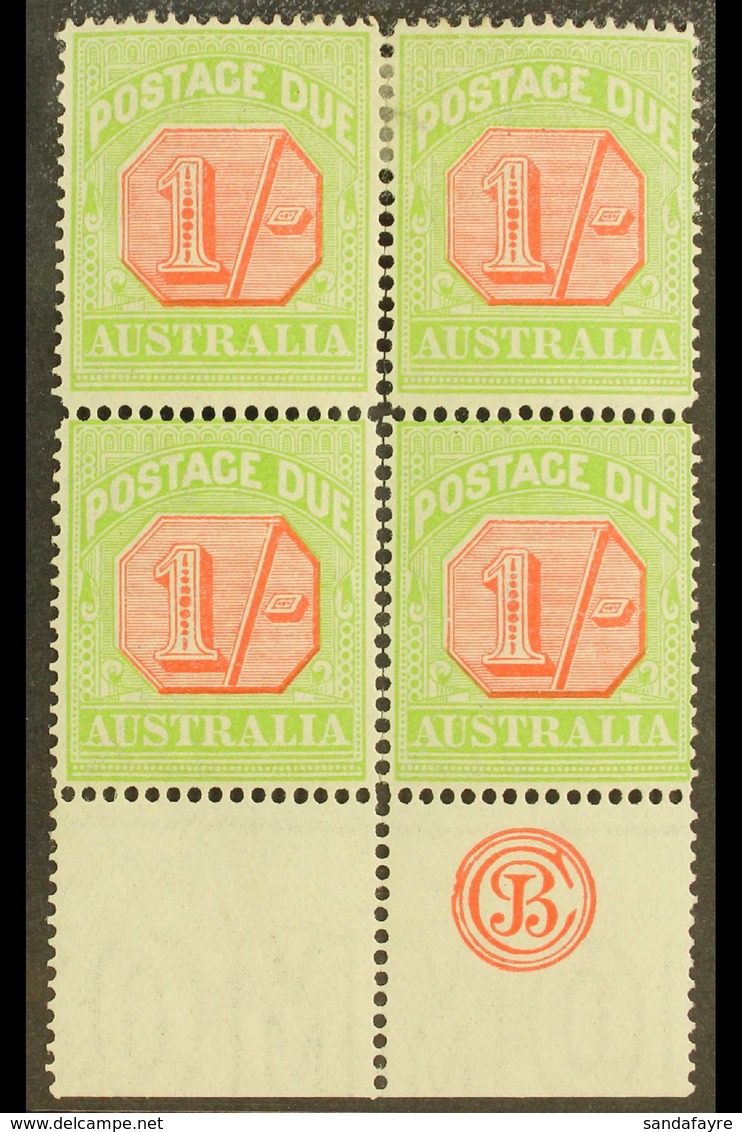 POSTAGE DUES 1913 - 23 1s Scarlet And Pale Yellow Green, SG D85, Bottom Margin Block Of 4 Showing The JBC Mongram, Very  - Other & Unclassified