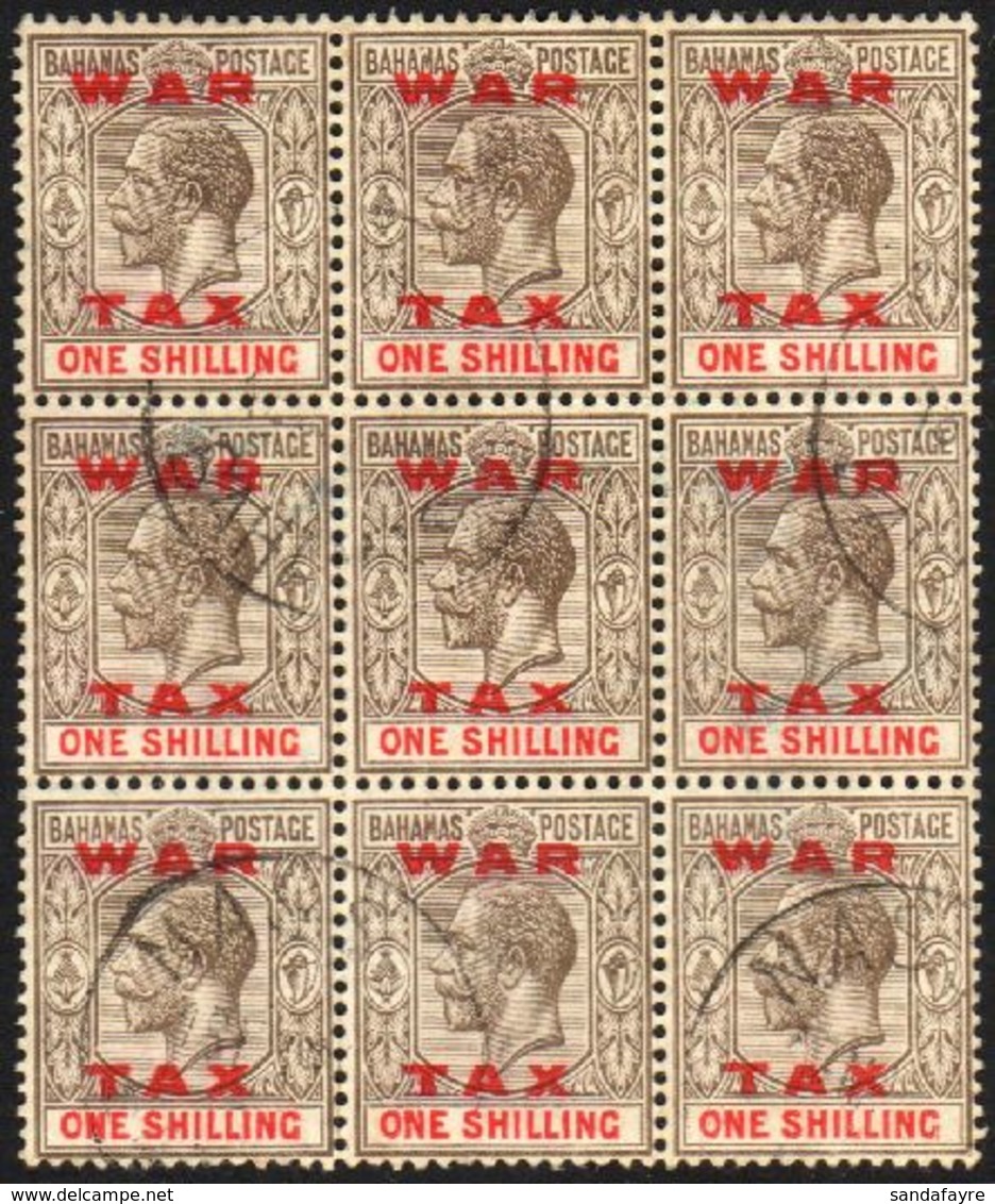 1919 1s Grey-black And Carmine Opt'd "WAR TAX", SG 104, Very Fine Cds Used BLOCK OF NINE. A Scarce Multiple Of This Diff - Autres & Non Classés