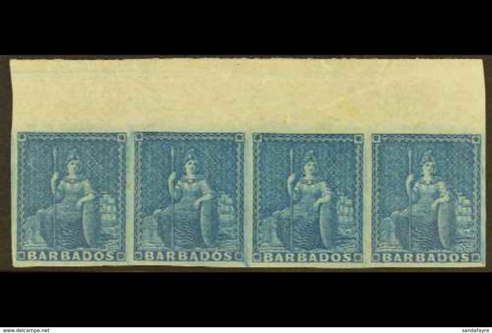 1852 1d Deep Blue Britannia, SG 4, An Attractive Mint Upper Marginal Strip Of Four, Three Of The Stamps Are Never Hinged - Barbados (...-1966)