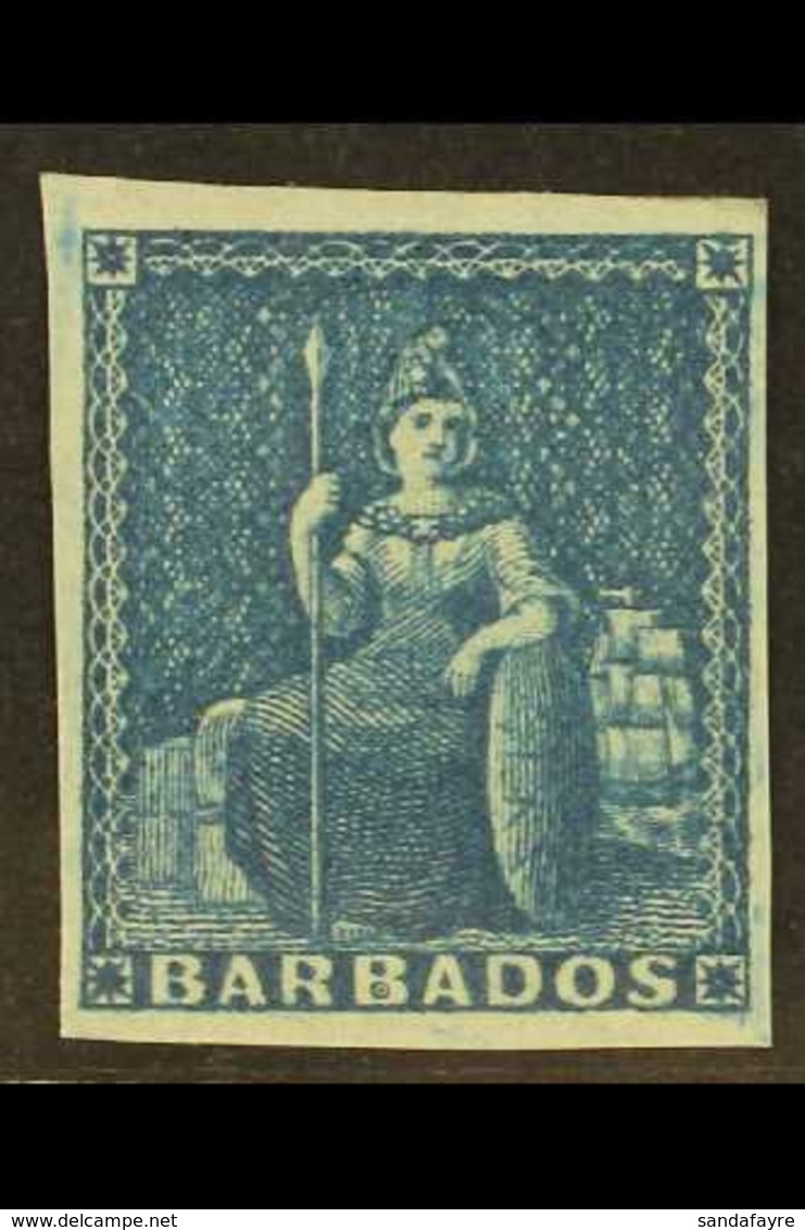 1855-58 1d Deep Blue Britannia On White Paper, SG 10, Mint With Four Margins And Large Part Gum..  For More Images, Plea - Barbados (...-1966)