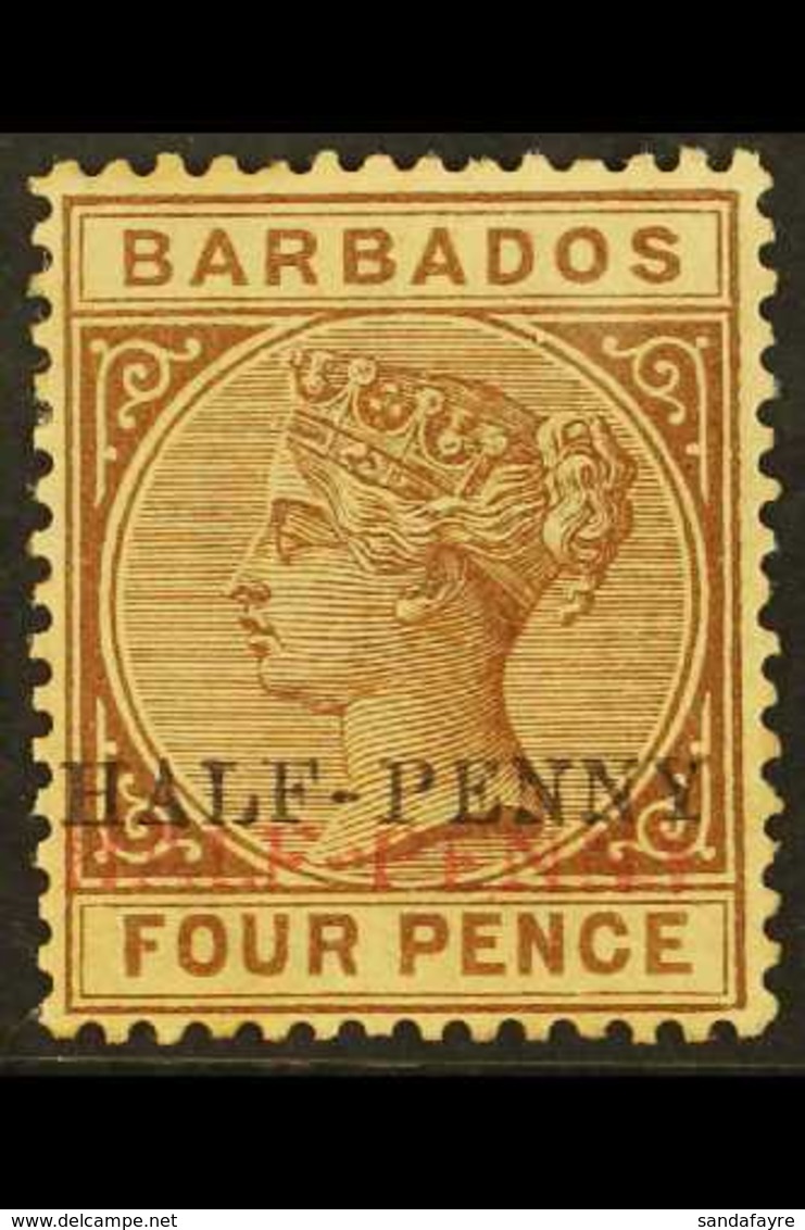 1892 ½d On 4d Deep-brown, Surcharge Double In Red And Black, SG 104b, Mint With Usual Toned Gum, Very Scarce. For More I - Barbades (...-1966)