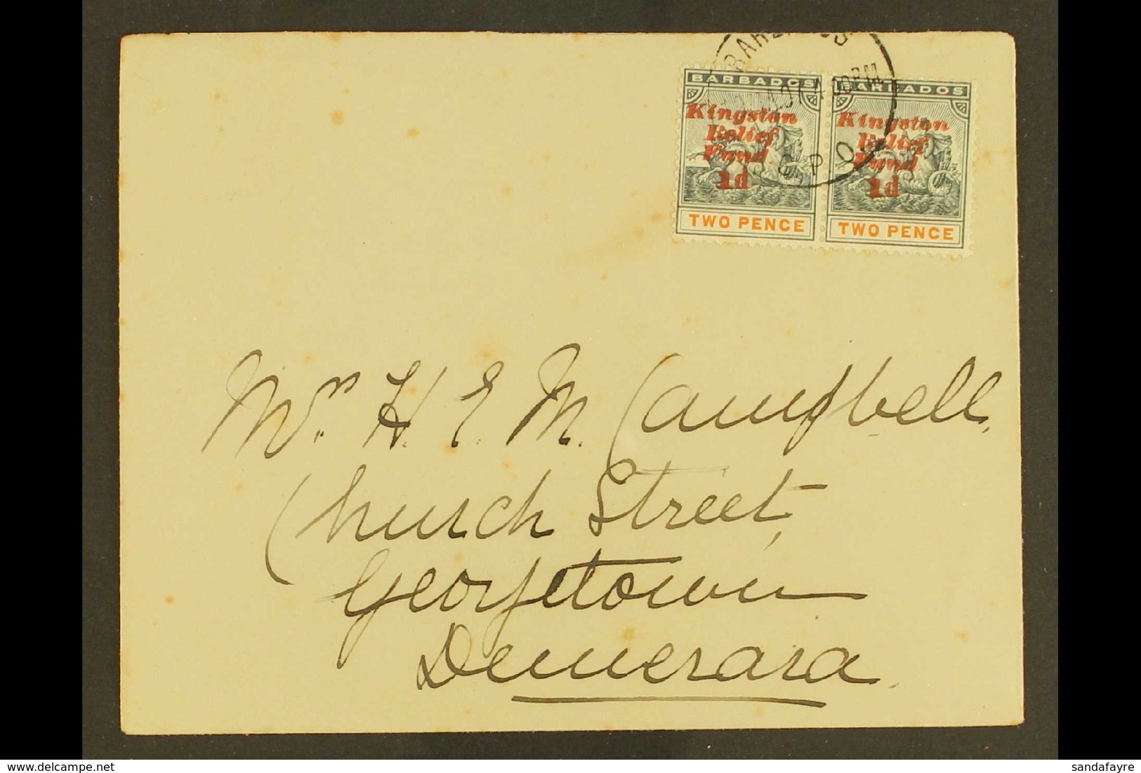 1907 Cover Addressed To Georgetown (British Guiana) Bearing (upright Surcharge) 1d On 2d Kingston Relief Fund, SG 153, H - Barbados (...-1966)