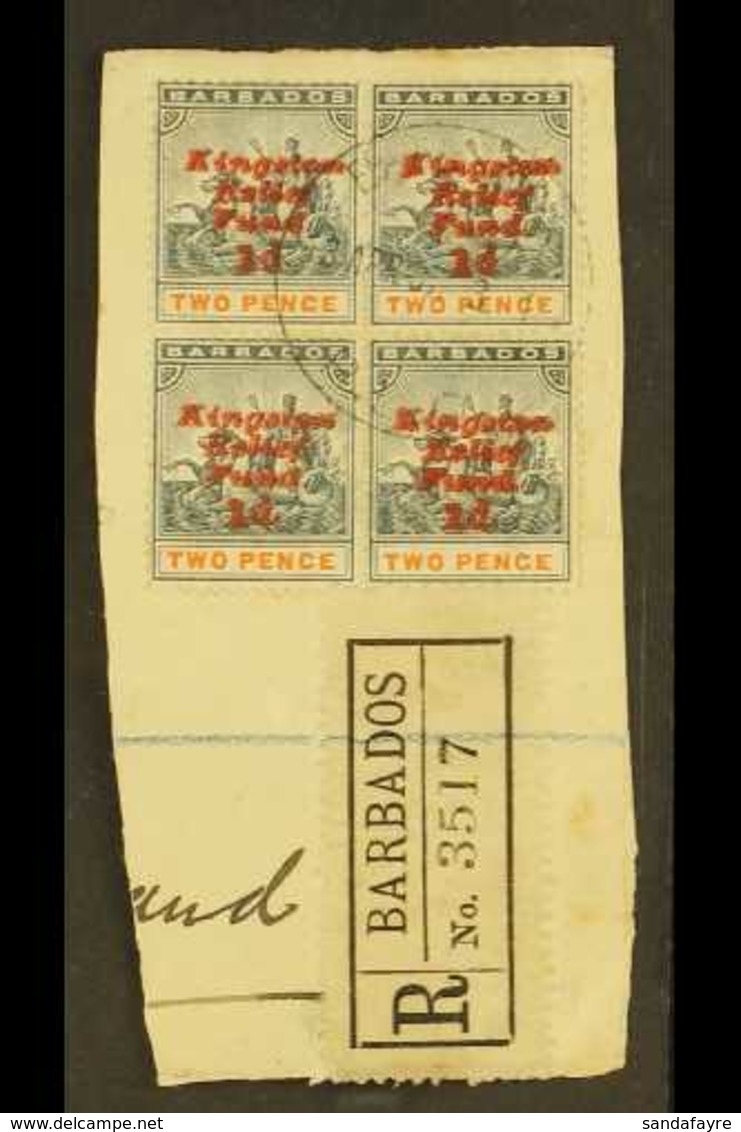 1907 KINGSTON RELIEF FUND (Fifth Setting) Upright Overprint 1d On 2d (SG 153) BLOCK OF FOUR Fine Used On Piece, One Stam - Barbados (...-1966)