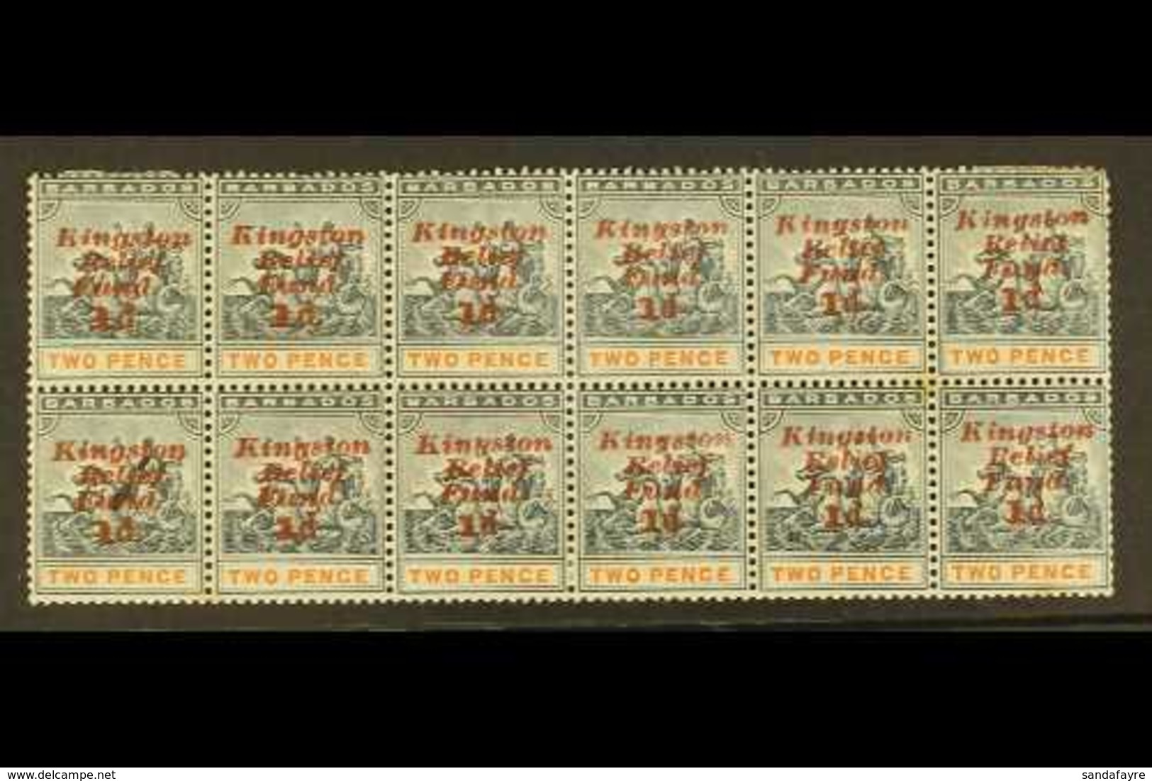 1907 KINGSTON RELIEF FUND (Eighth Setting)  Upright Overprint 1d On 2d, SG 153, BLOCK OF TWELVE (6 X 2) Including Two No - Barbades (...-1966)