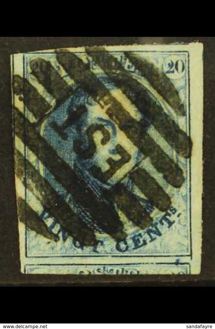 1861 20c Blue (SG 14, COB 11, Michel 8 II), Used With Superb Railway "EST" Barred Cancel, Four Margins Very Close At Top - Andere & Zonder Classificatie