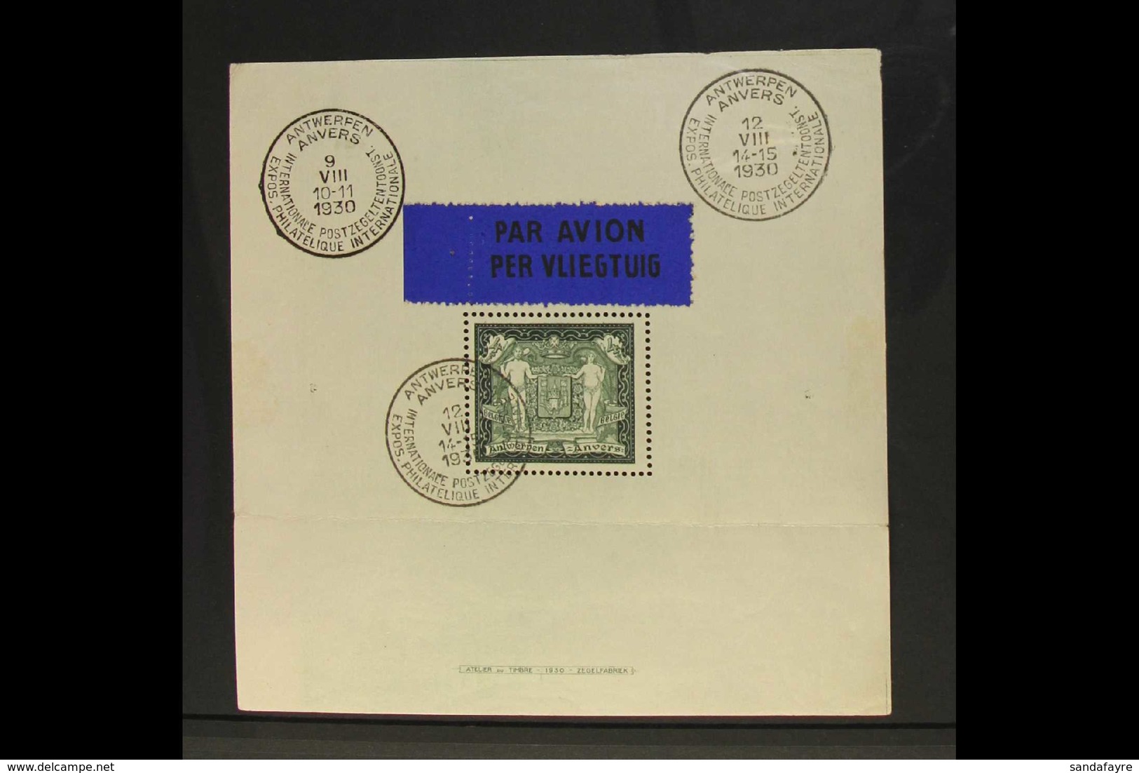 1930 Philatelic Exhibition Mini-sheet (SG MS568, COB BL2, Michel Block 1), Used With Special Cds Cancel, With Blue Bilin - Andere & Zonder Classificatie